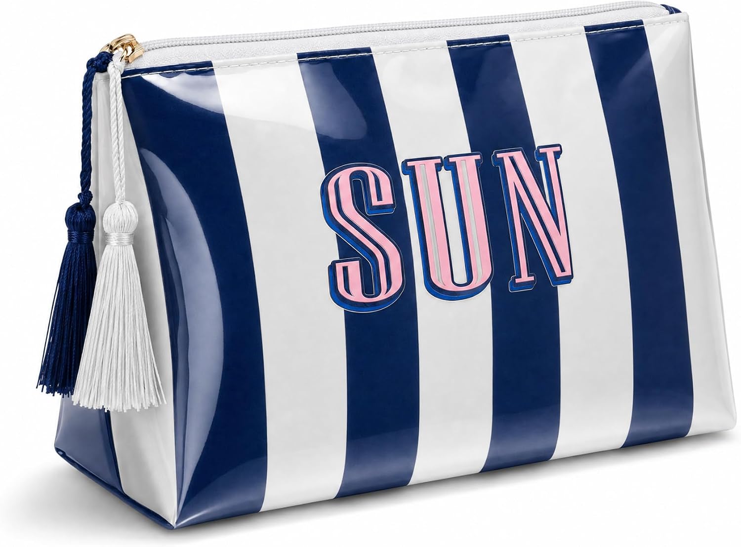 Clear Coated Waterproof Striped PVC Makeup Bag, Cosmetic Zipper Pouch Organizer, Beach Pool Summer Vacation Essentials Gift for Women Girls(White-blue-SUN)