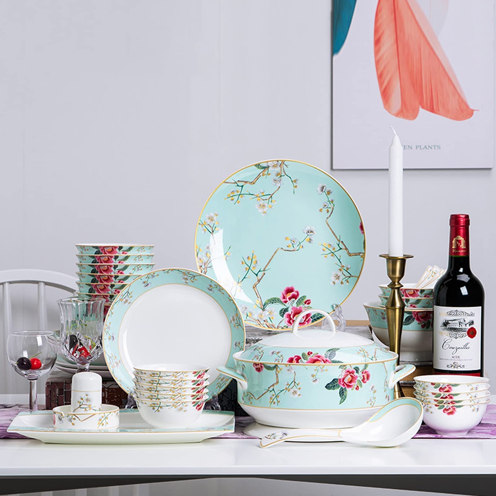 Keramik Geschirr Set Retro Style Schönes Grünes und Weißes Porzellan Kombinationsset für Haushalt Dinner Hochzeit Hotel Weihnachten