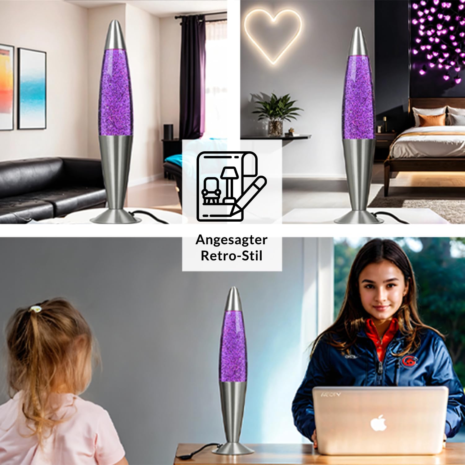 Easylight Lavalampe Lila mit Glitzer, Silber Glitzerlampe, Retro, Wohnzimmer, dekorativ, H:42 cm, G9, inklusive Leuchtmittel, aufregend, Glitter, Tischleuchte JENNY