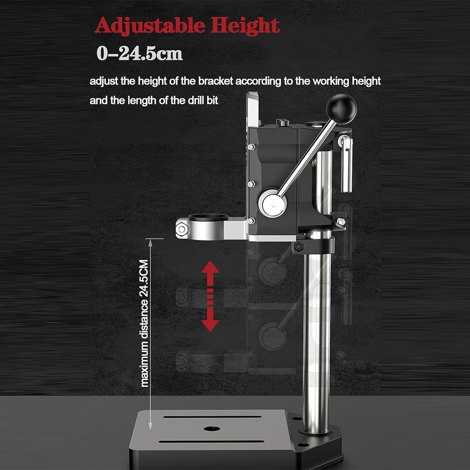 Supporto per Trapano Colonna, Supporto Trapano Colonna Carichi Pesanti con Pinze Becchi Piatti, Regolazione Altezza: 0~24,5 Cm/ganascia Massima 44 Mm/Corsa Lavoro: 60 Mm/Dimensioni Base25*19cm