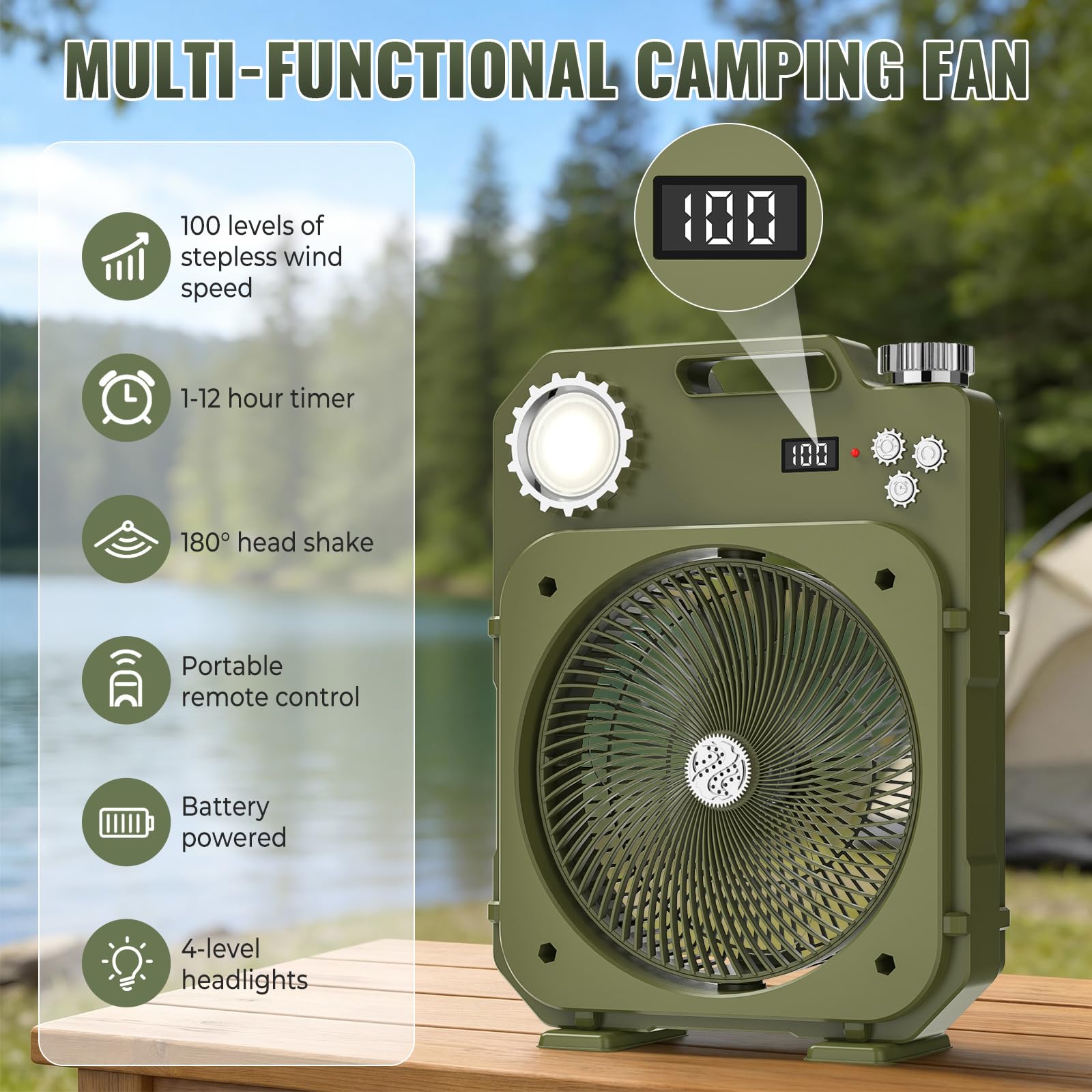 Ventilatore da Campeggio con Luce LED, Ventilatore da tavolo portatile Senza Fili, 100 Velocità, Oscillazione Automatica, 12H Timer/Telecomando, per Casa, Tenda, Viaggio