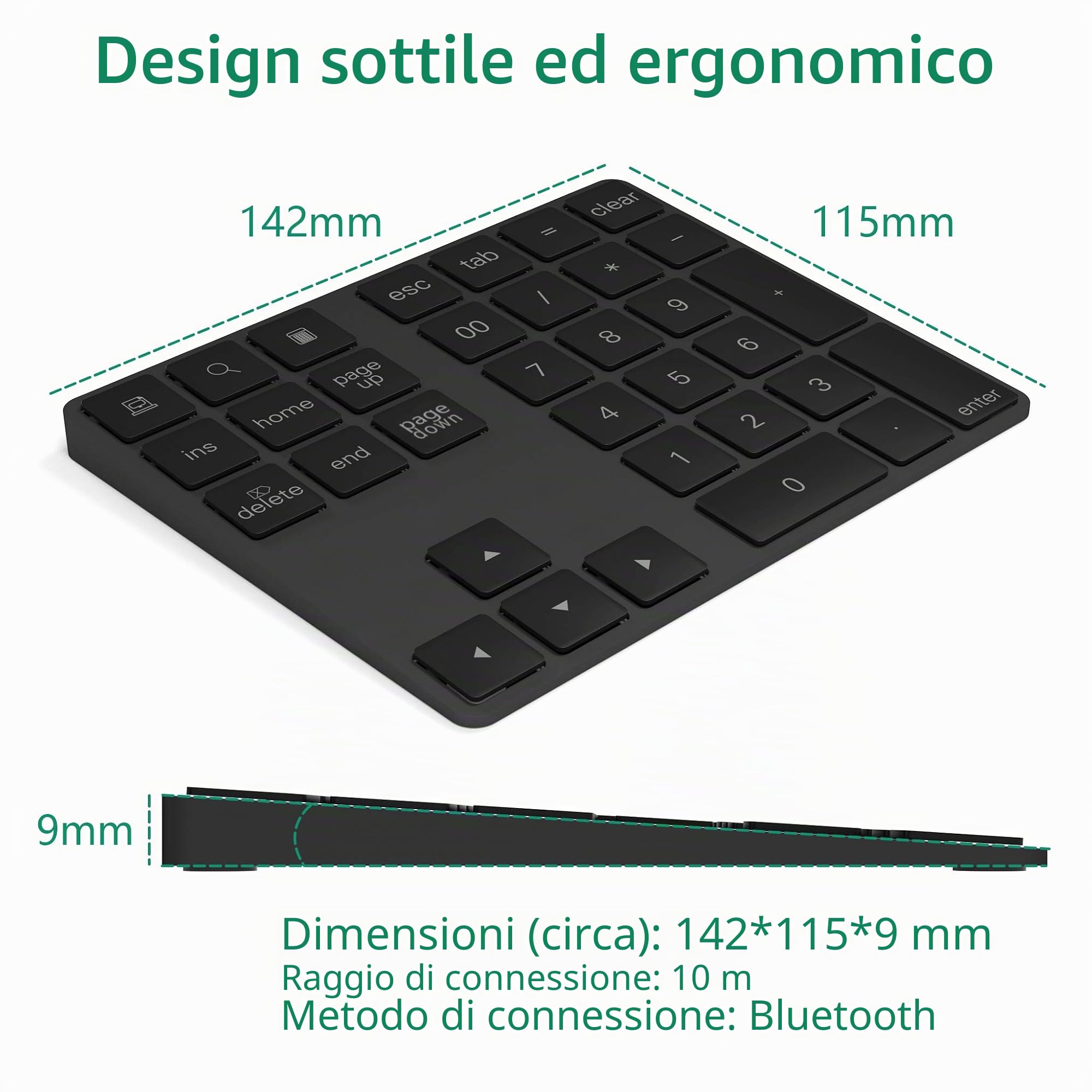 Tastierino Numerico Bluetooth, Wireless Bluetooth con più Scorciatoie Tastiera 34 Tasti Portatile Sottile per iP ad/M ac/Laptop/PC Compatibile con Windows Android iOS System