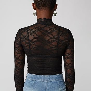 【PORTERNA】Flower See-Through Turtleneck T-Shirt Women Long Sleeve Floral Lace Top Turtleneck Sheer