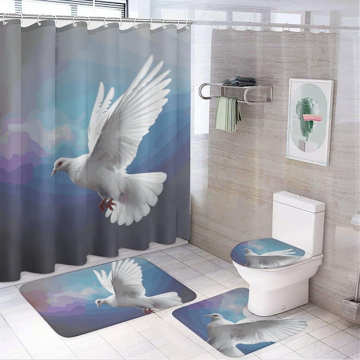 4 Piece Bathroom Rug Set with Shower Curtain, Non-Slip Bath Mat Toilet Cover Set, Peace Dove Bathroom Rug Sets