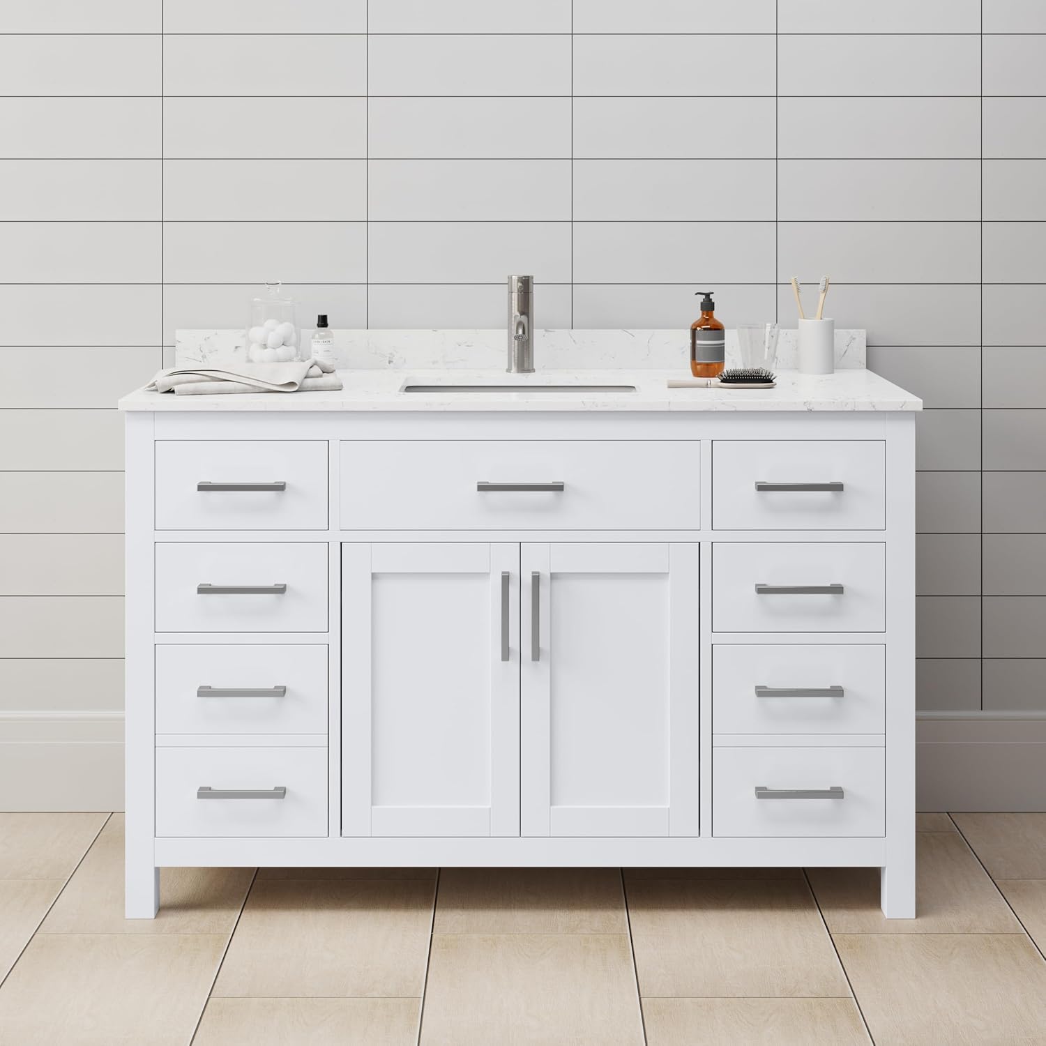 Beckett 54 Inch Single Bathroom Vanity in White, Carrara Cultured Marble Countertop, Undermount Square Sink, No Mirror