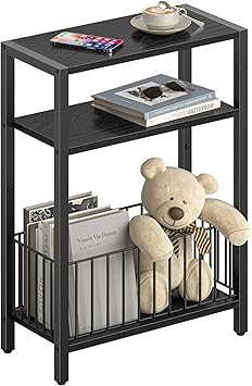 Yoobure Narrow Side Table with Storage Basket, Small End Table for Small Spaces, Skinny Side Tables Living Room Bedroom Office, Slim Nightstand 3 Tier Bedside Table Space-Saving for Magazine, Black