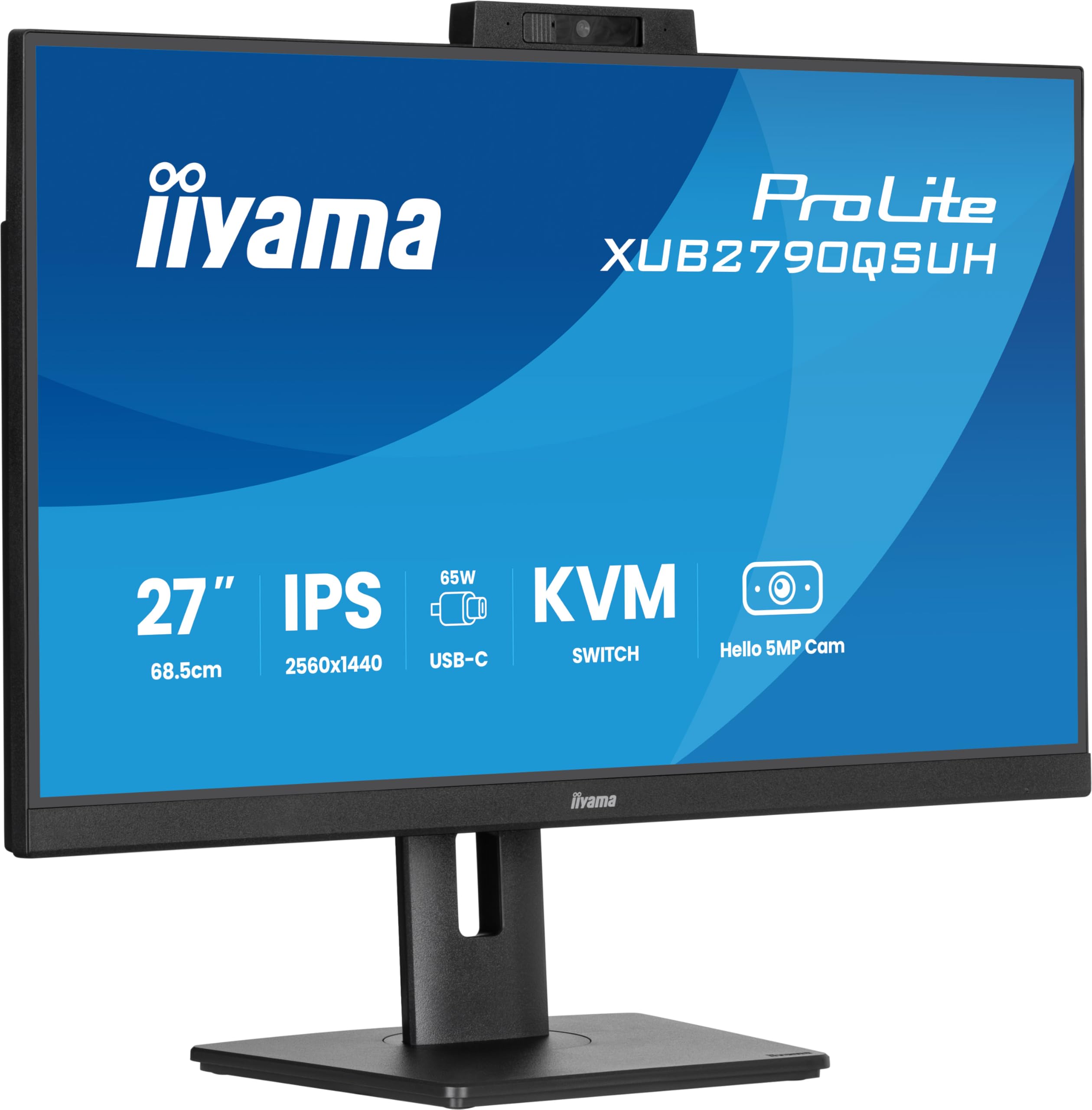 iiyama Prolite XUB2790QSUH-B2 68,5cm 27" IPS LED-Monitor QHD 100Hz HDMI DP USB3.2 USB-C 65W KVM-Switch Slim-Line Höhenverstellung Pivot Windows Hello Webcam schwarz