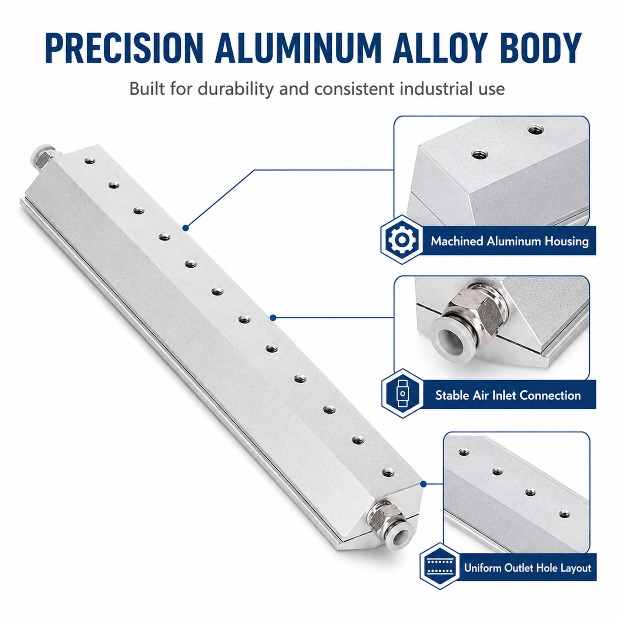 Ugello a lama d'aria, lama ad aria compressa in alluminio per una cortina d'aria uniforme ad alta pressione, ideale per la rimozione di polvere e acqua nelle linee di imballaggio e nella pulizia del