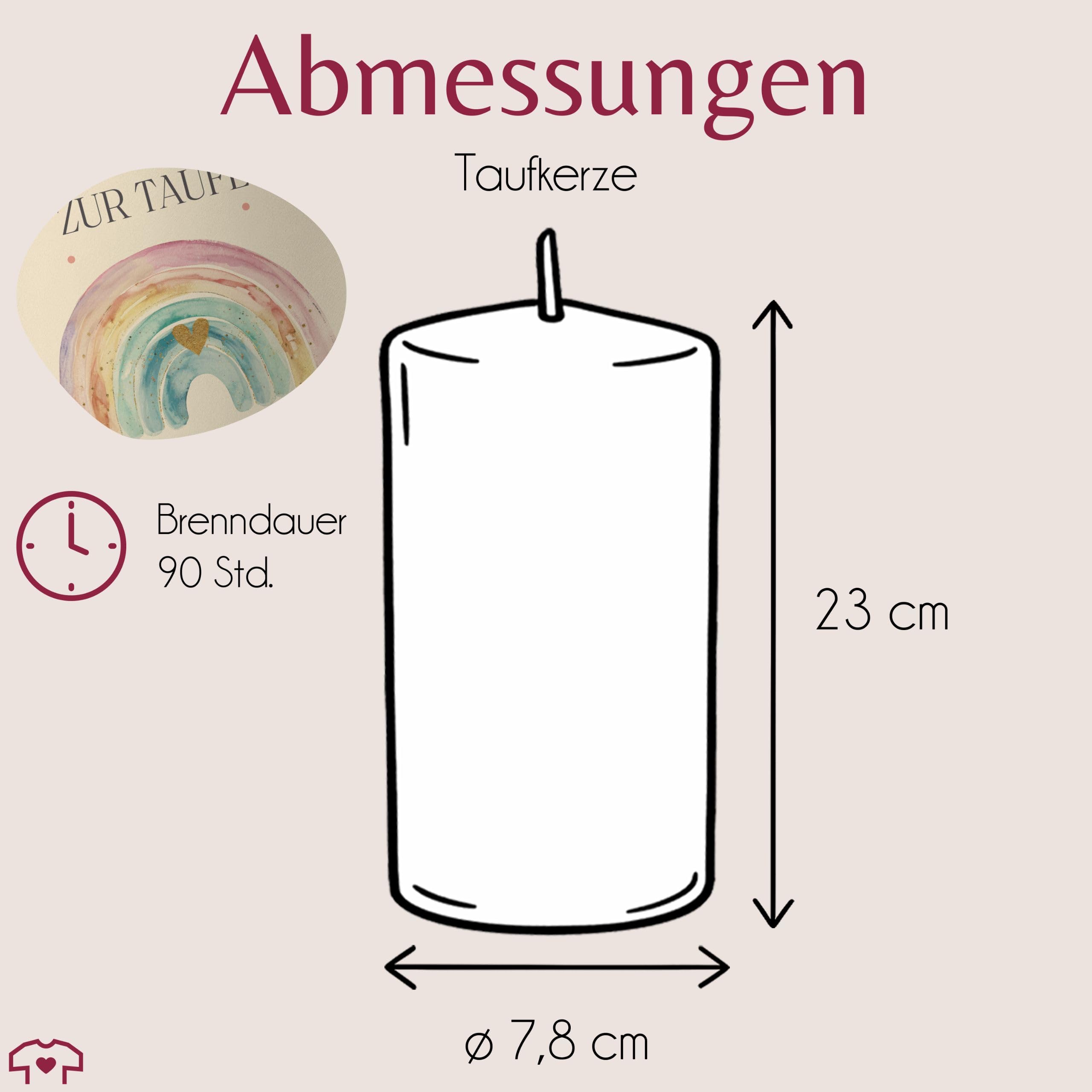 Taufkerze - Bunter Boho Regenbogen mit Herz - Zur Taufe mit Name, Datum und Wunschtext - 230/78 mm - Elfenbein