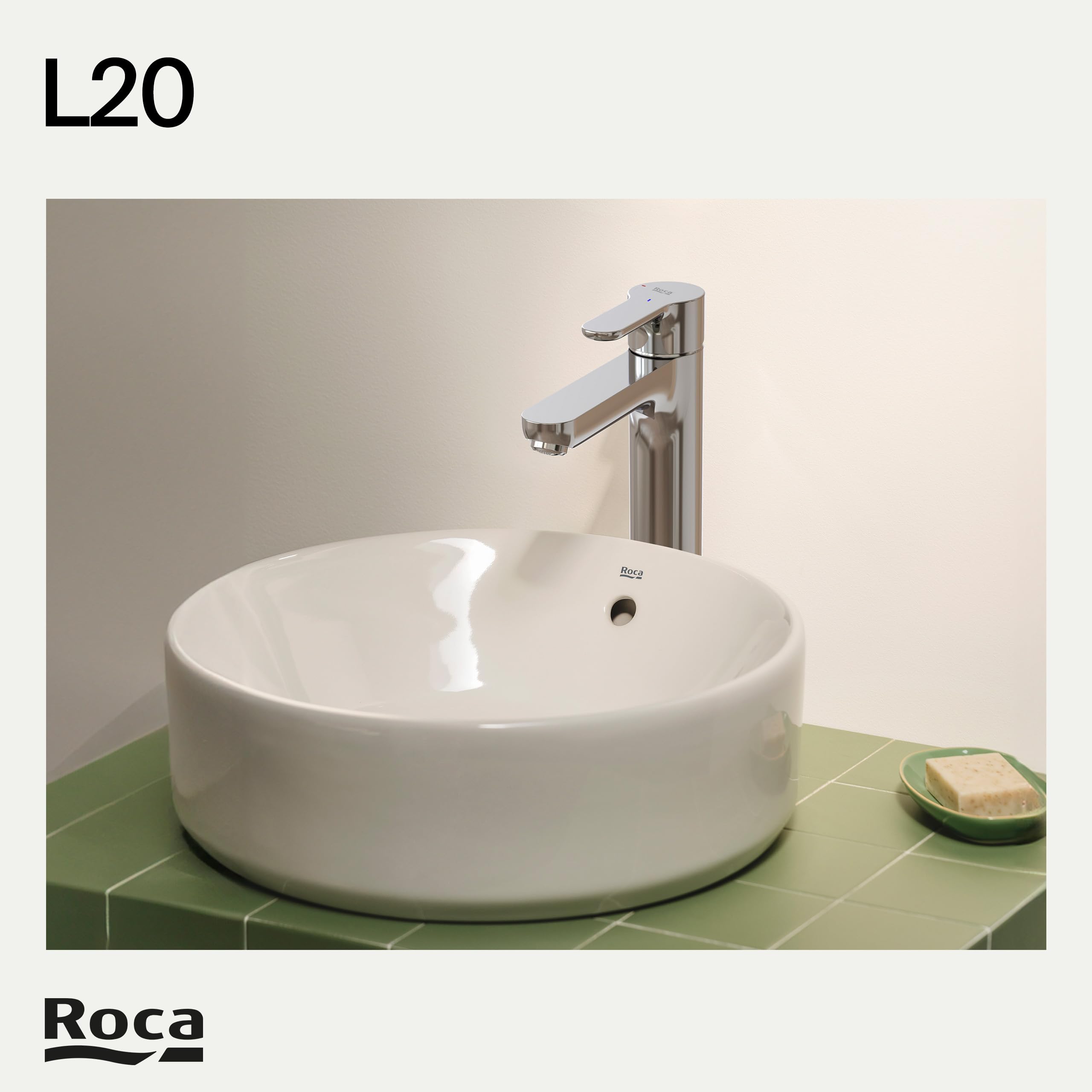 Roca L20 Grifería para lavabo de caño alto con tecnología Cold Start, grifo monomando con enlaces de alimentación flexibles, mezclador con desagüe automático de fácil instalación, cromado, A5A3C09C00
