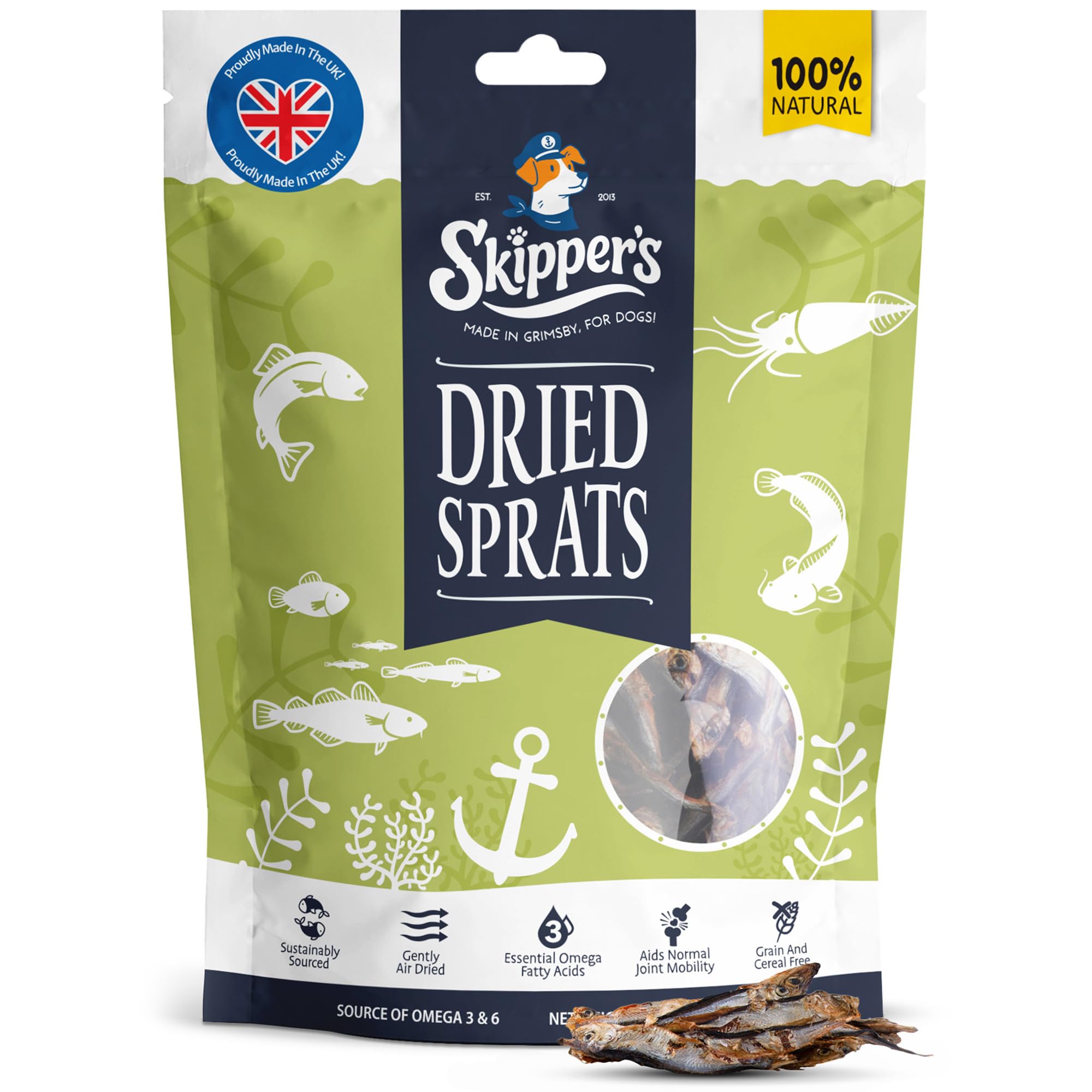 Skipper'S Dried Sprats Dog Treats 250g, Air-Dried, Omega 3, Grain Free | High protein, gently air-dried, supports skin and digestion, natural fish treat, rich in Omega 3