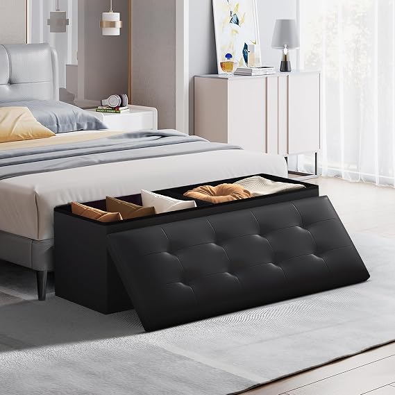 Storage Ottoman Bench, 43 Inch Ottoman Foot Rest, End of Bed Bench, Storage Chest for Living Room, Bedroom, Entryway, Black