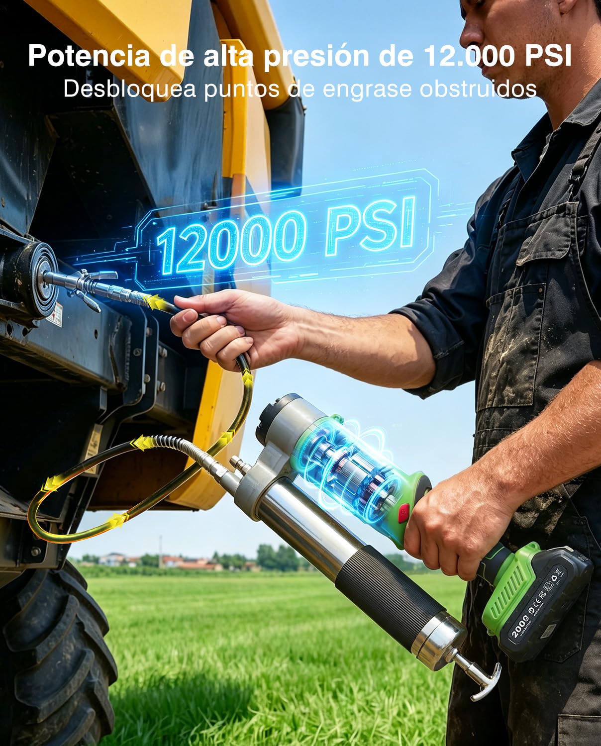 TaskStar 12000 PSI Engrasadora Batería: Kit de engrasadora 2 en 1 con 2 baterías, Manguera de 122 cm, acoplador de liberación rápida, Adaptador de 90°, luz LED, Ideal para Uso Industrial y agrícola