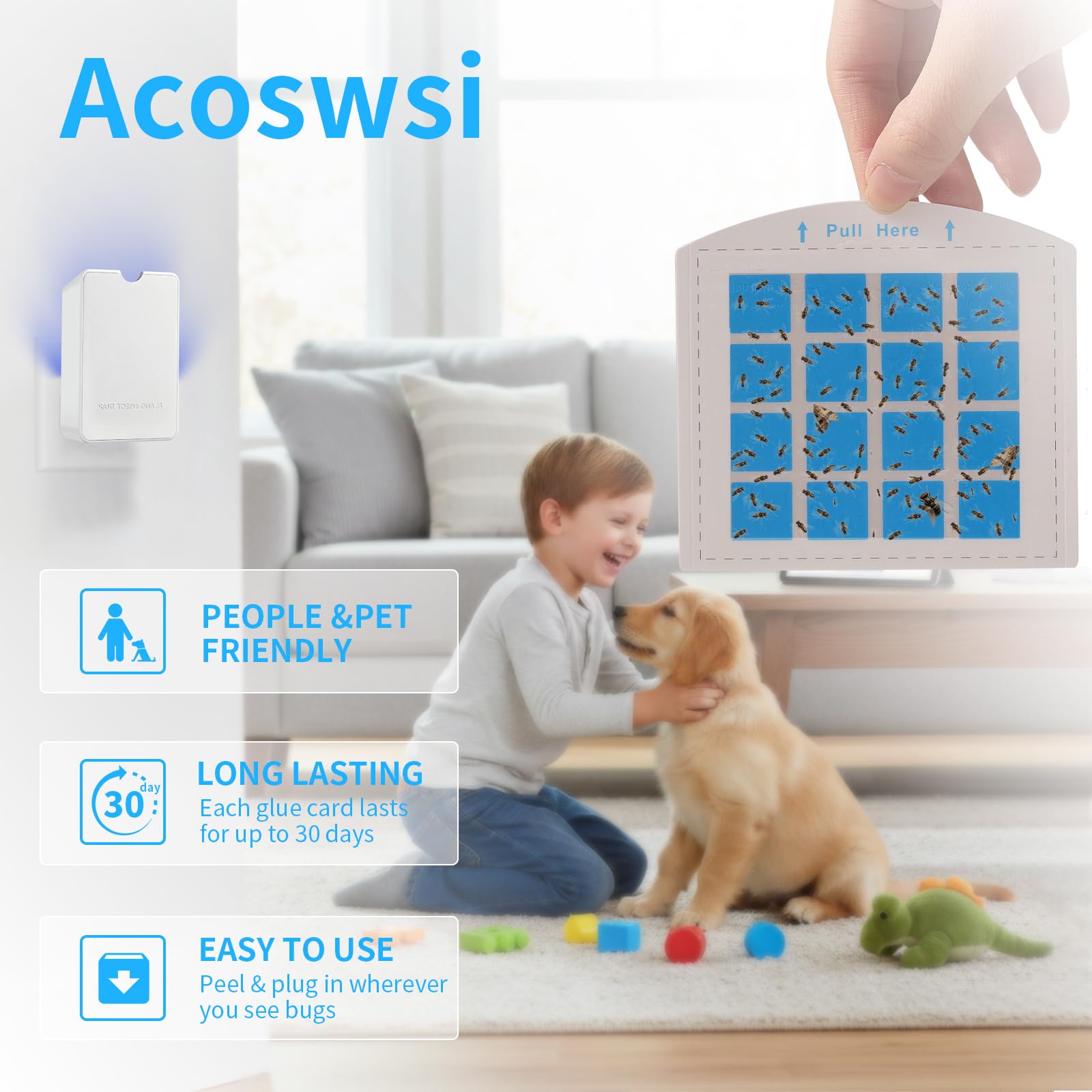 Acoswsi Indoor Fly Trap Plug in, Flying Insect Trap with Blue UV Light, Fruit Fly & Gnat Trap for Indoors, Mess-Free Bug Catcher for Home, 1 Device + 5 Refill Glue Cards - 5