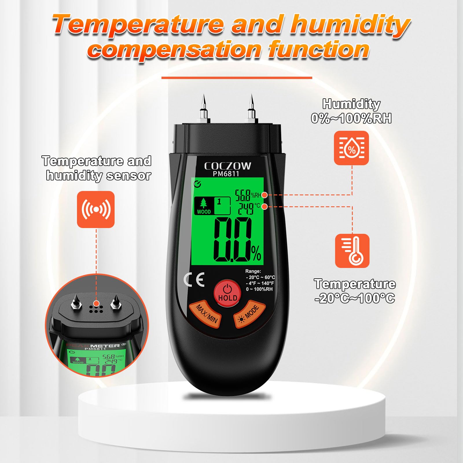 Wood Moisture Meter with Temperature and Humidity Measurement – Ideal for quickly measuring moisture content in logs, paper, plywood, plaster walls, floor coverings, and other materials. — Amazon image 5