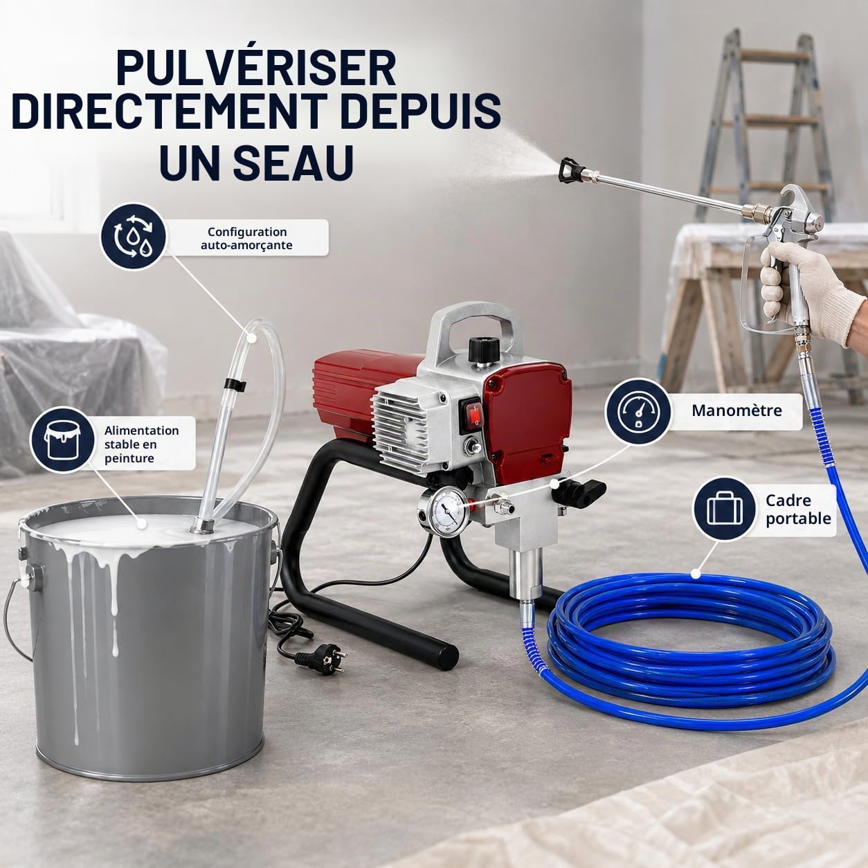 Pulvérisateur de Peinture Airless Électrique, Système de Peinture sans Air avec Pistolet et Tuyau Haute Pression, Pompe à Peinture Murale pour Murs, Plafonds, Clôtures, Meubles, Intérieur Extérieur