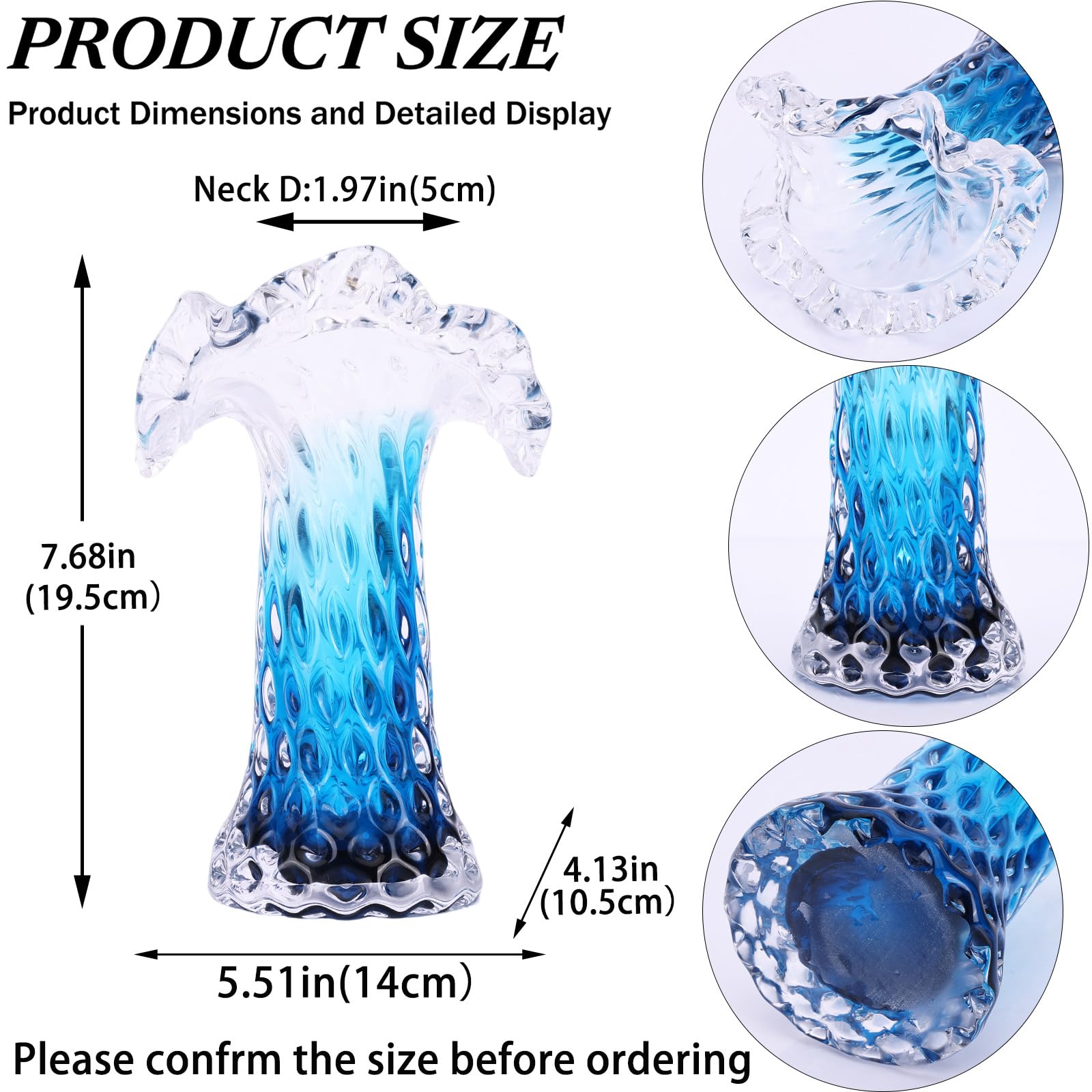 ok. 19,5 cm ręcznie dmuchany szklany wazon na kwiaty, niebieski wazon ombre z falowaną krawędzią lotosu i wzorem bąbelków, wazon na stół do stylu boho, wiejskiego domu, wybrzeża, salonu, sypialni