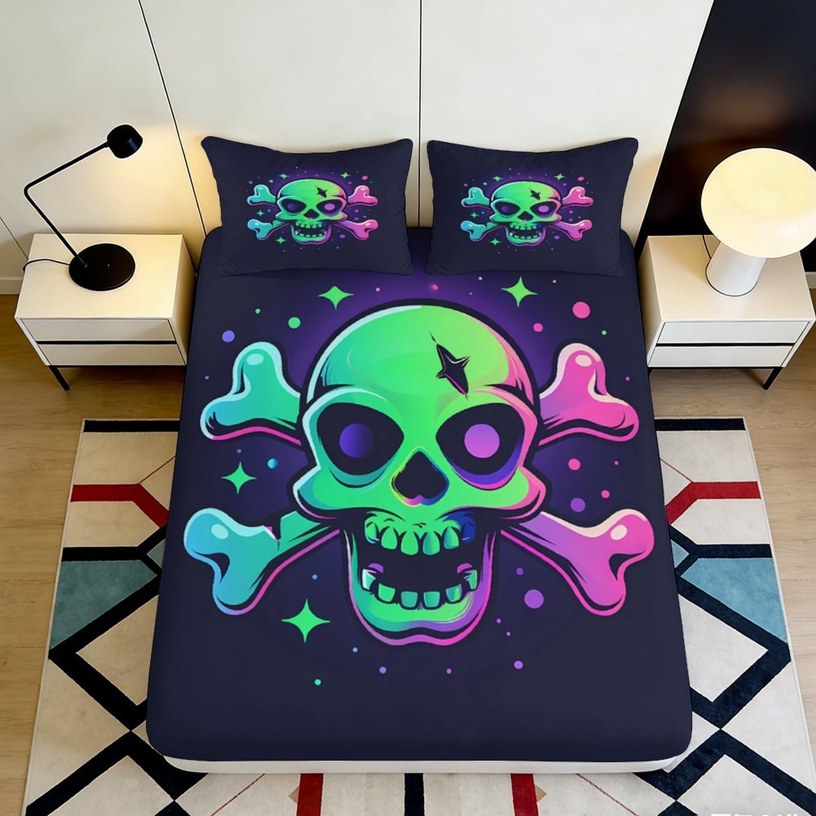 3D Printed Neon Skull Crossbones Fitted Sheet Microfiber Soft Non-Slip Mattress Cover for Bedroom Dorm Decor, Easy Care 140x200x25cm