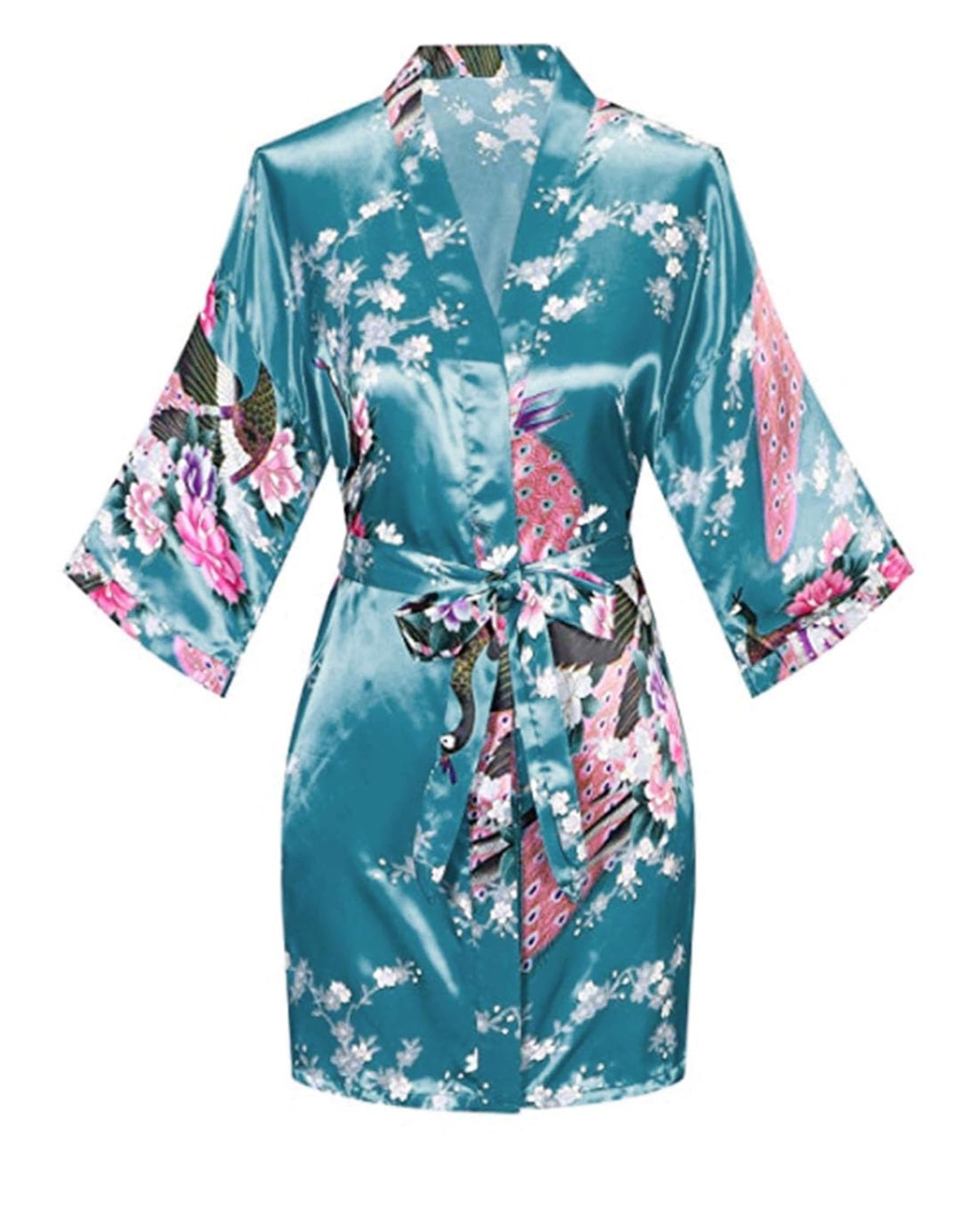 Women's Floral Kimono Satin Short Robe Peacock and Blossom Soft Bathrobe for Wedding Party Getting Ready