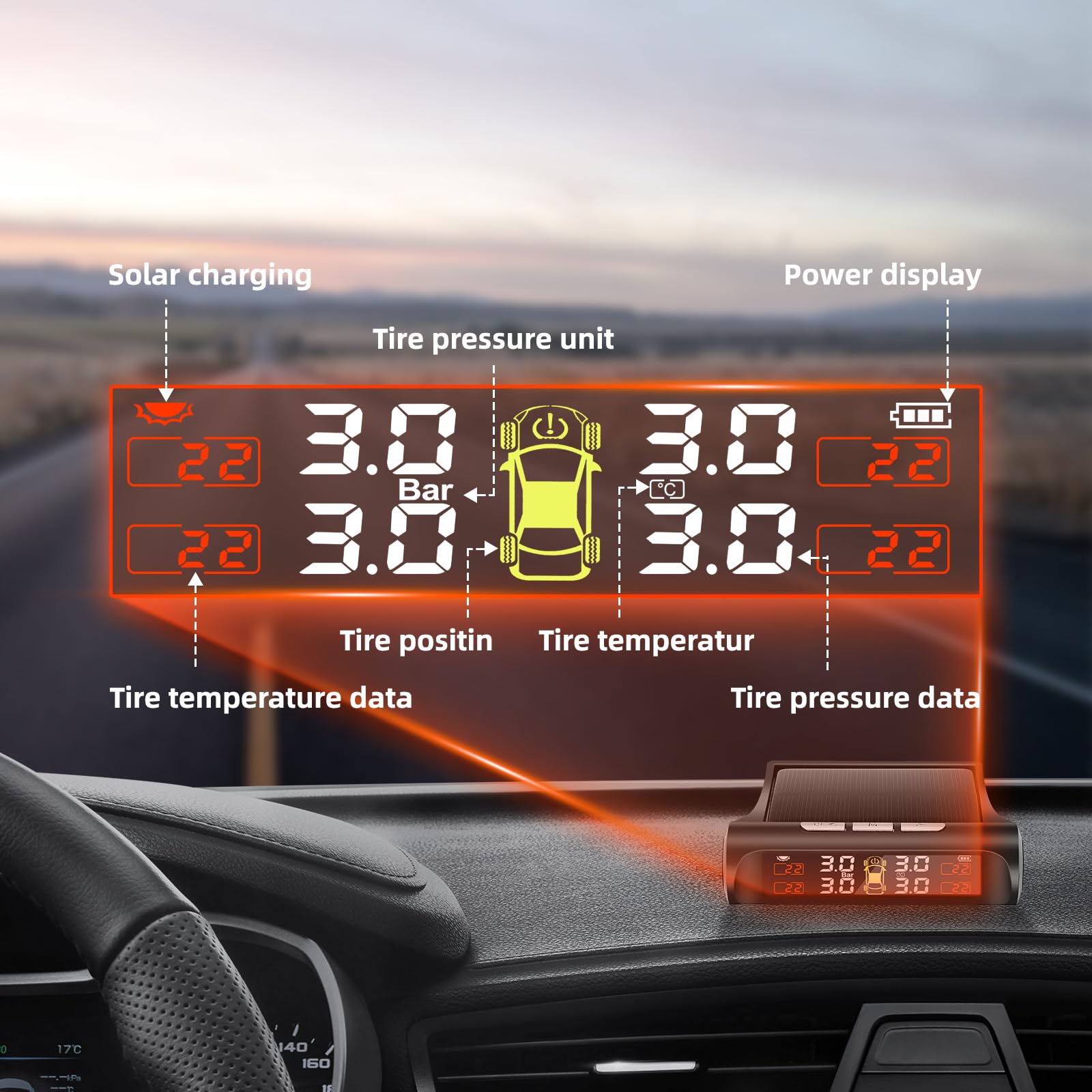 Geloo Solar TPMS Sistema de Monitoreo Control de Presión de Neumáticos con 4 Sensores,5 Modos de Alarma,5 Bar para Caravana Sedán SUV Coche