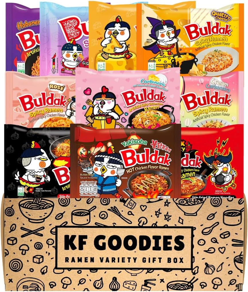 KF GOODIES Korean Ramen Variety Pack Gift Box (10 Count) โ Spicy Buldak Noodle Assortment for Birthdays, College Care Packages, Office Snacks and Gift Baskets