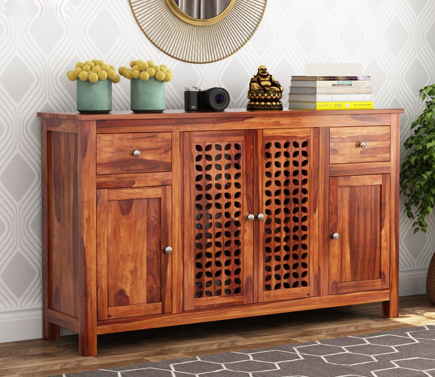 Solid Sheesham Wood Wooden Cabinet Sideboard with 2 Drawers and 4-Door Storage (Emiliana, Honey Finish)-picture-17