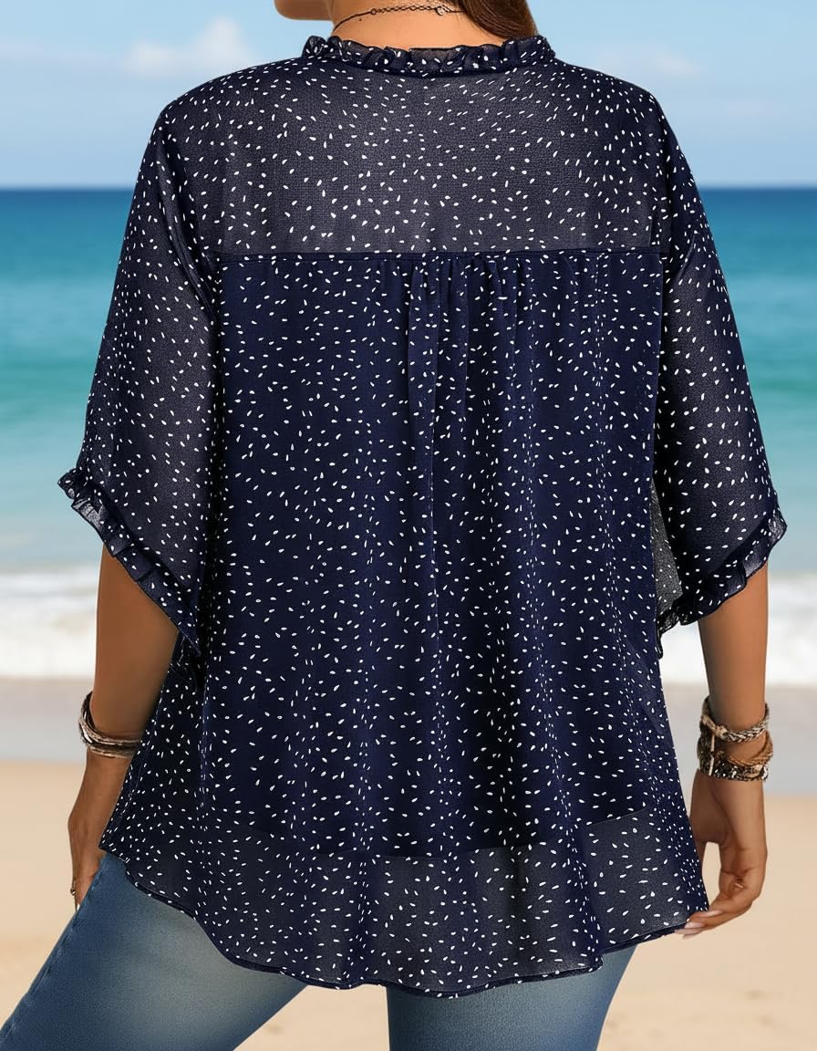 Siddhe Plus Size Tops 3/4 Sleeve V Neck Chiffon Blouses Loose Fit Spring Summer Dressy Boho Casual Tunic for Leggings(XL-5XL) - Image 4