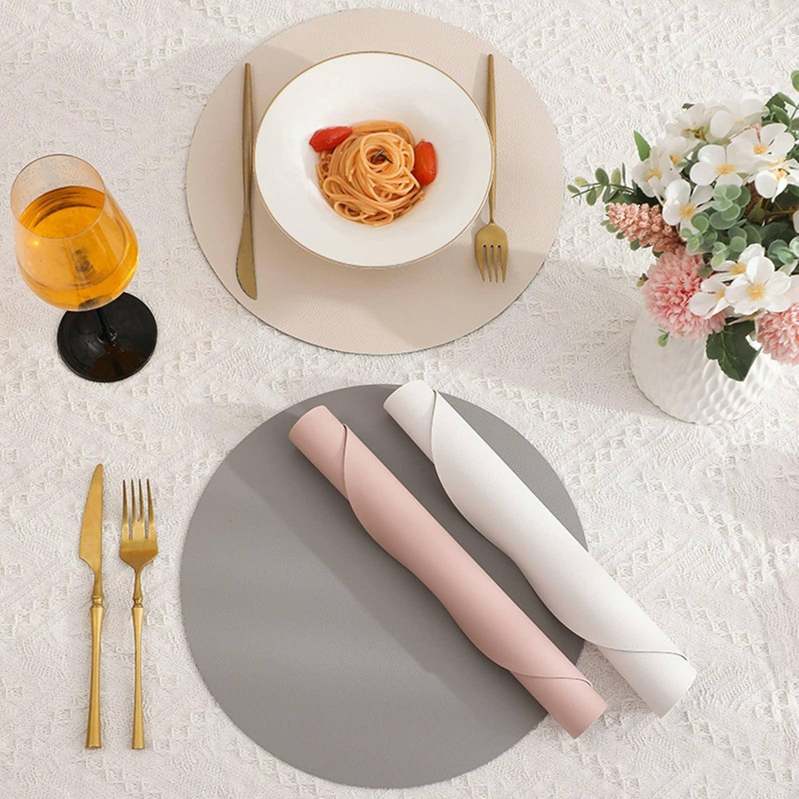 Placemat - Juego de 6 manteles individuales redondos de doble cara, 32 cm, color gris oscuro y beige