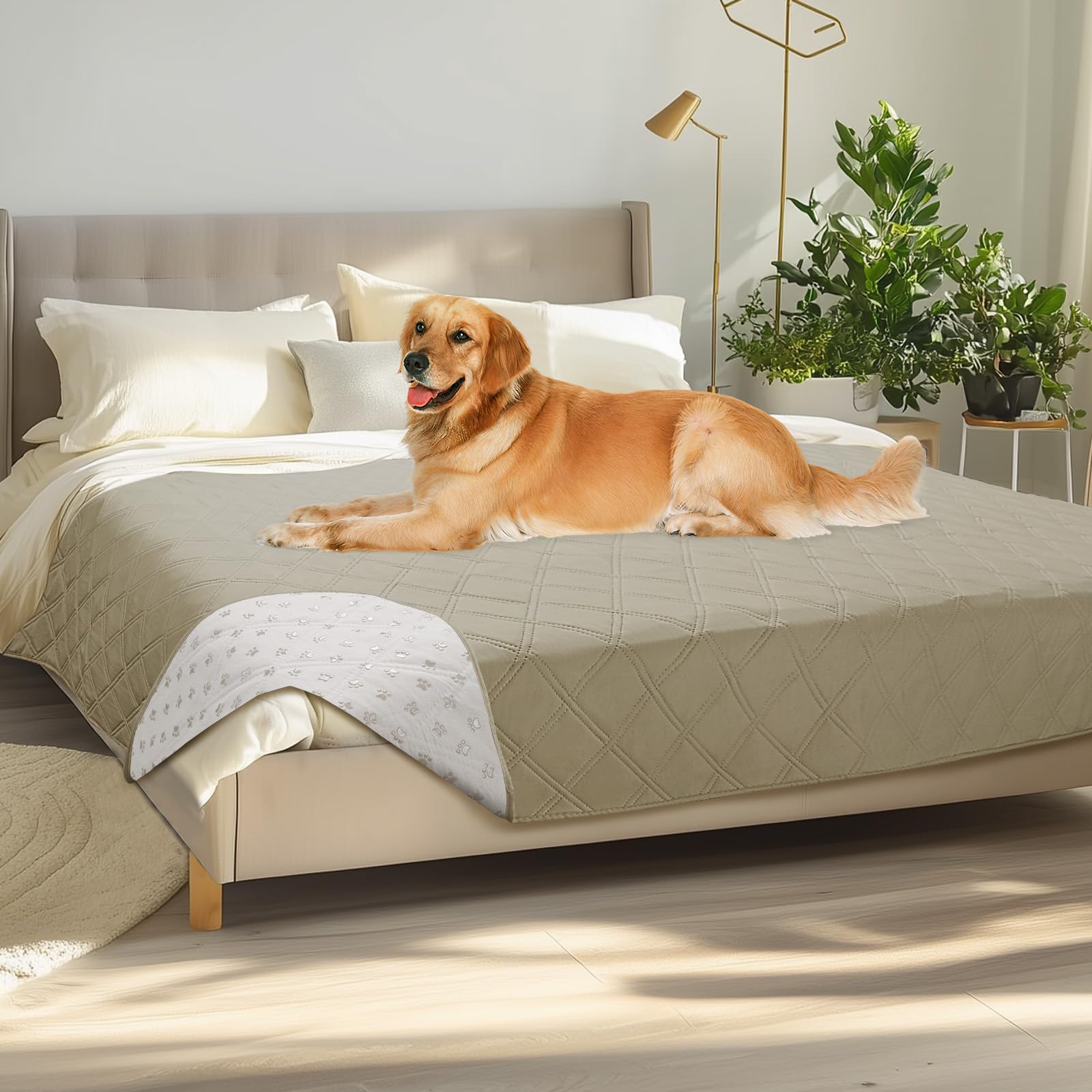 Luciphia 100% Waterproof Couch Cover Blanket for Dogs Anti-Slip Pet Couch Protector Sofa Mat Puppy Cat Blanket with Non-Slip Bottom, Taupe White, 68x82 Inch — image 1