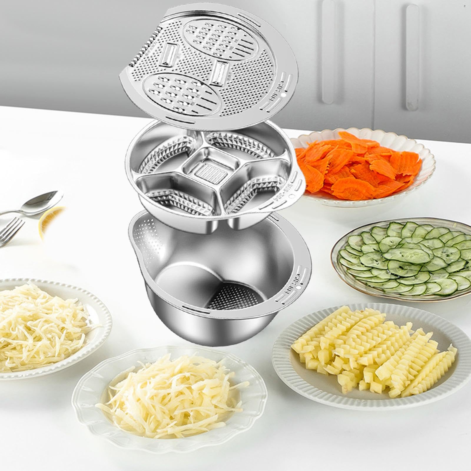 3-teiliges Küchensieb-Set aus Edelstahl, Reiswaschschüssel, vielseitiges Zubehör, Abflusskorb, stabile Reibe, Gemüsezubereitungsplatte, 304 Edelstahl