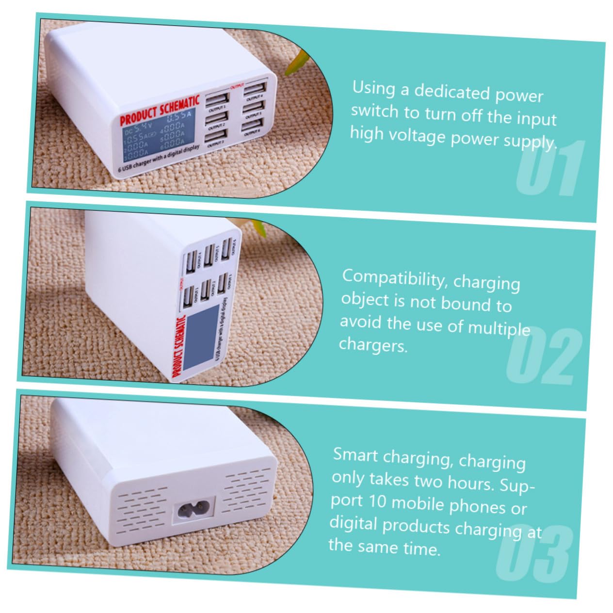 Cargador USB Multipuertos de 6 Puertos 40w Pantalla LCD