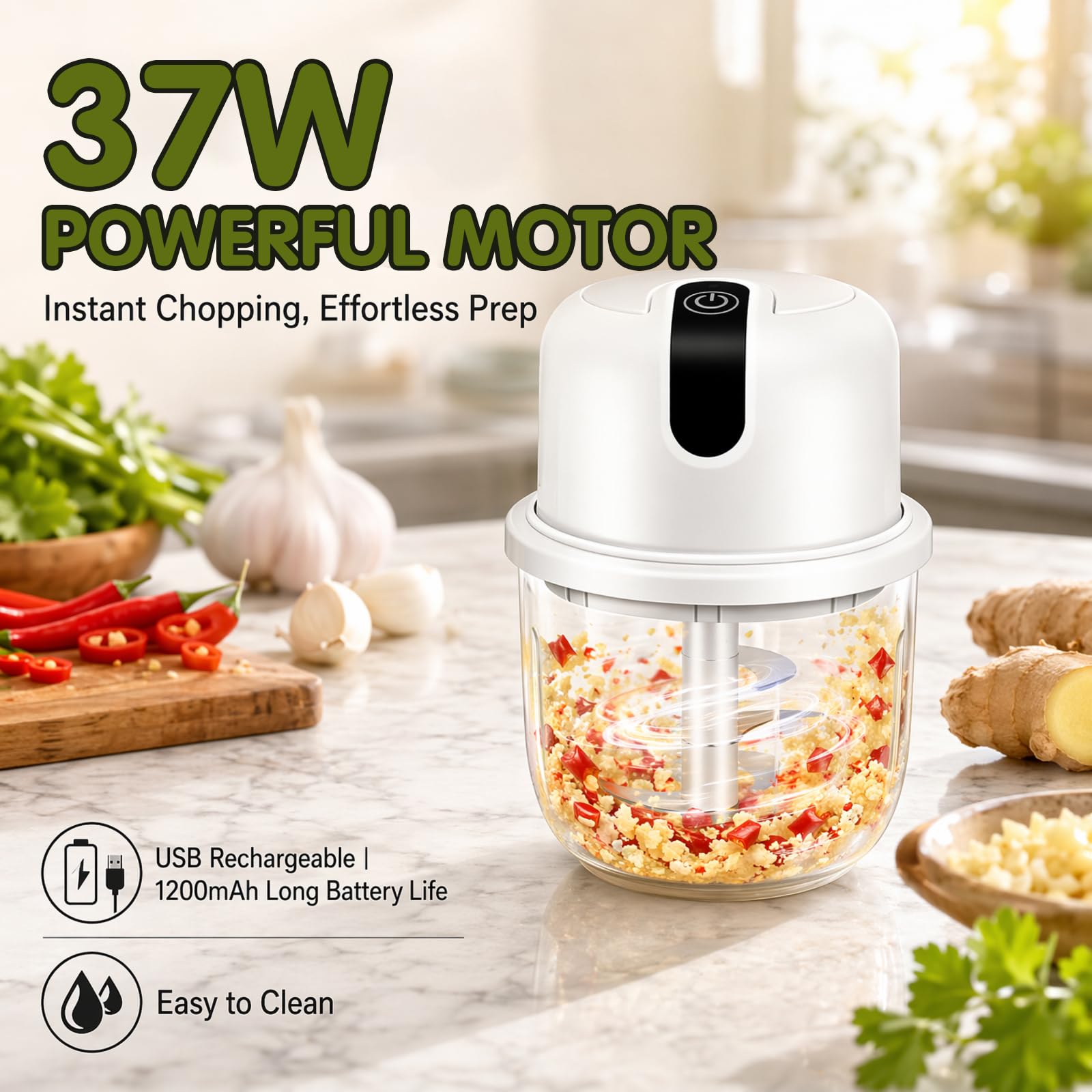RANJIMA Zerkleinerer Elektrisch Mini, 350ml Elektrischer Küchenzerkleinerer kabellos wiederaufladbar USB Klein Zwiebelzerkleinerer Tragbar Küchenhelfer für Gemüse,Obst,Knoblauch,Zwiebeln,Babynahrung