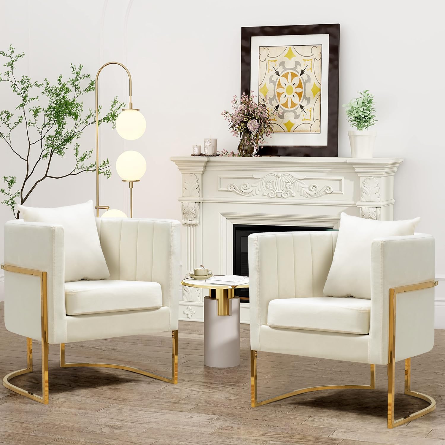 X-VOLSPORT Velvet Accent Barrel Chairs Set of 2, Modern Arm Club Chair Set with Pillow for Living Room/Bedroom/Guest Reception, Channel Tufted, Gold