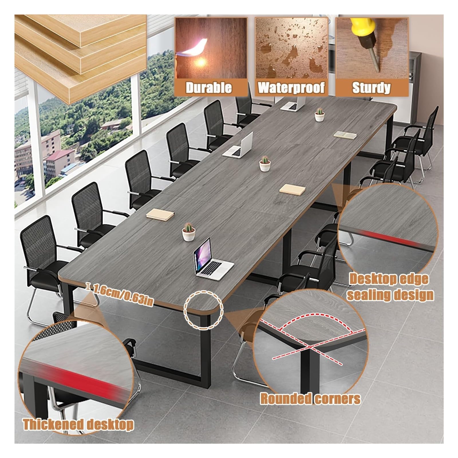Mesa de conferencias rectangular grande moderna de metal para reuniones y asientos de entrenamiento, 4-6, 300 x 100 x 74 cm, ideal para espacios profesionales y trabajo colaborativo