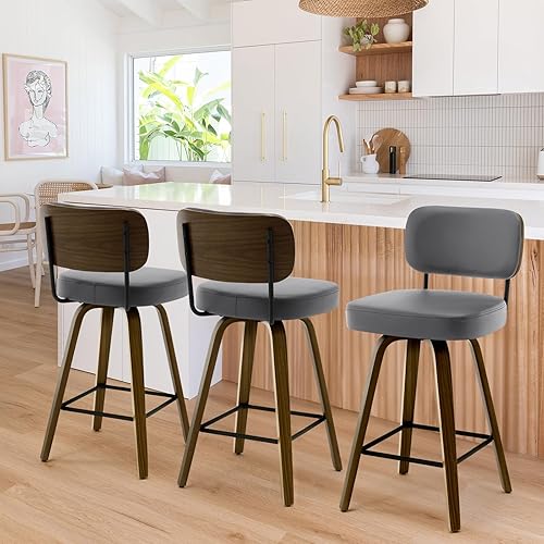 Miniatura 27 de Bekrvio Juego de 3 taburetes de bar giratorios de altura de mostrador, taburetes de bar tapizados de piel sintética con respaldo de ratán, sillas de