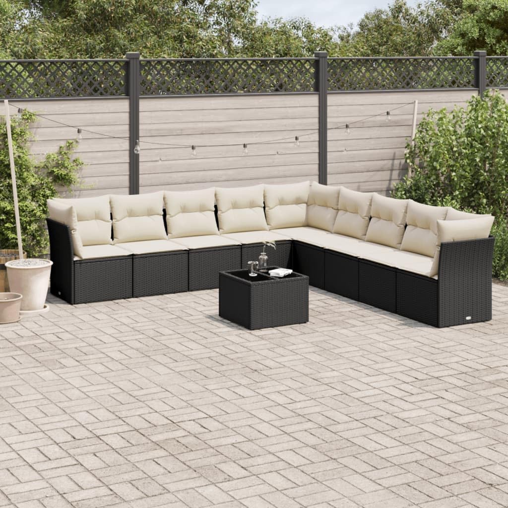 10-Piece Garden Sofa Set Black and Cream White, Modular Outdoor Furniture with Tempered Glass Table, Weather-Resistant PE Rattan and UV-Resistant