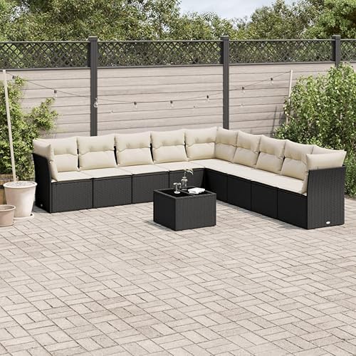 Miniatura 1 de 10-Piece Garden Sofa Set Black and Cream White, Modular Outdoor Furniture with Tempered Glass Table, Weather-Resistant PE Rattan and UV-Resistant