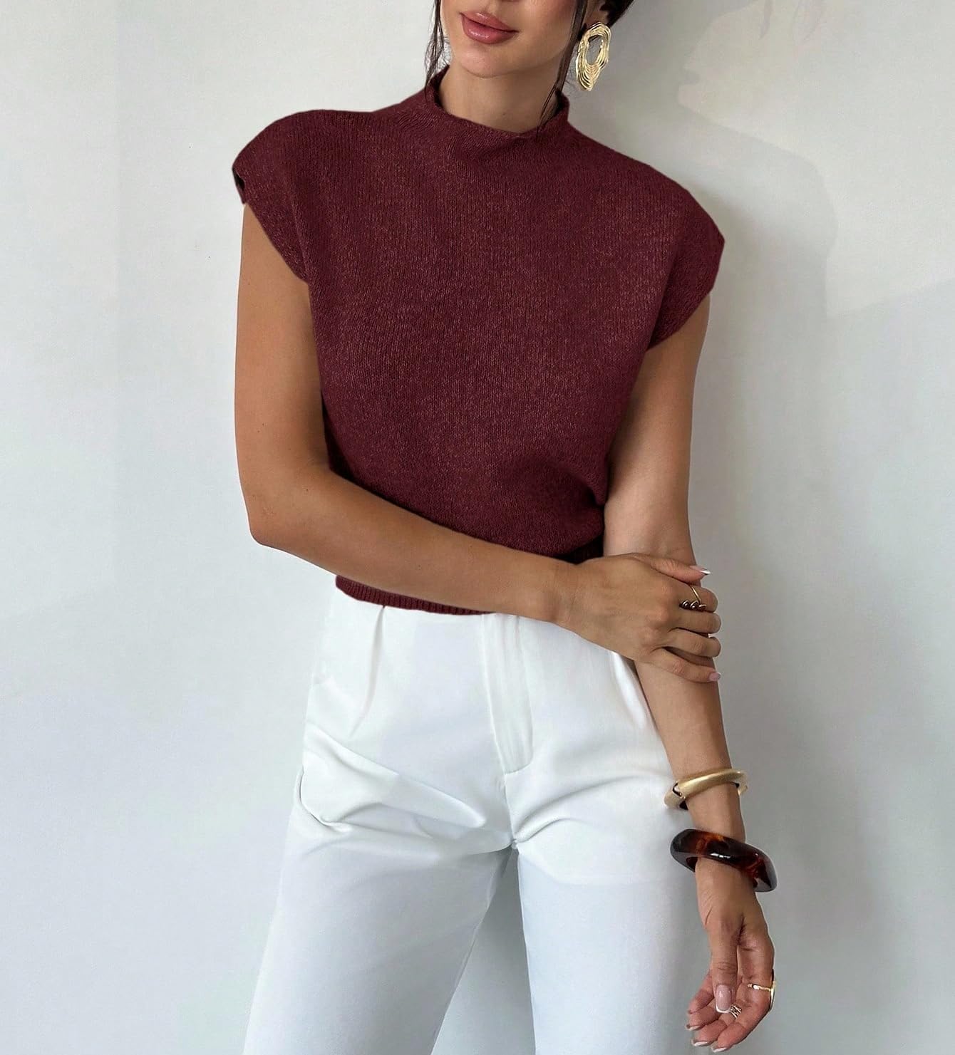 ZAFUL Women's Mock Neck Sweater Vest Cap Sleeve Casual Knit Pullover Tank Outfits Tops - Image 4