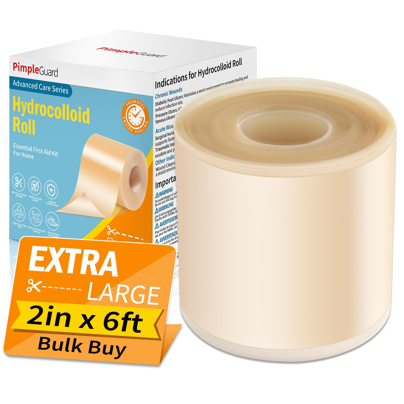 Hydrocolloid Roll Dressings Self-Adhesive Wound Hydrocolloid Tape Badages Highly Absorbent Invisible Waterproof Self-Cut Dressing Pads Home Essential (2in*6ft)