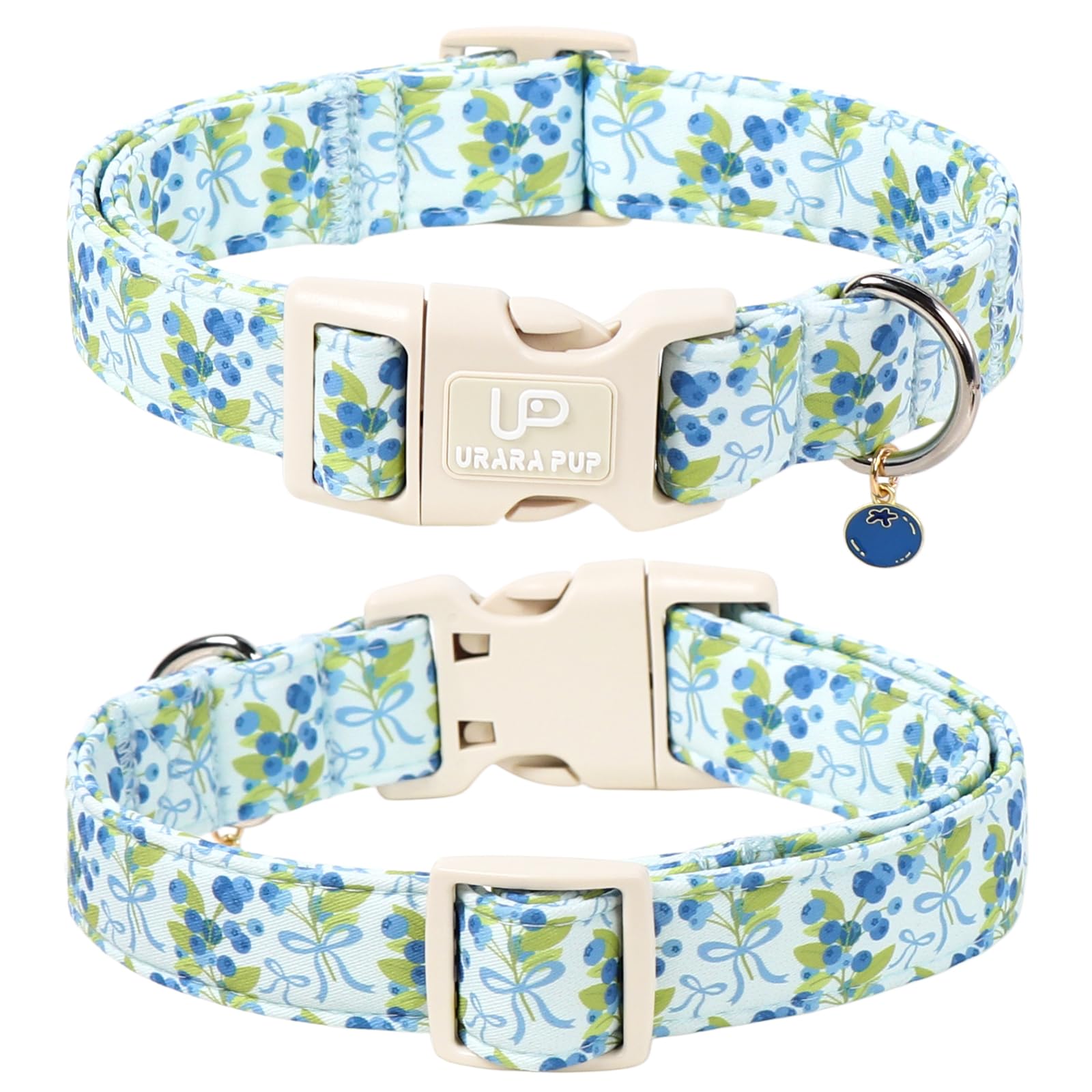 Blueberry Hundehalsband und Fliege, niedliches, verstellbares Welpenhalsband mit Schnellverschluss-Schnalle und schönem Blaubeer-Charm, für kleine, mittelgroße und große Hunde