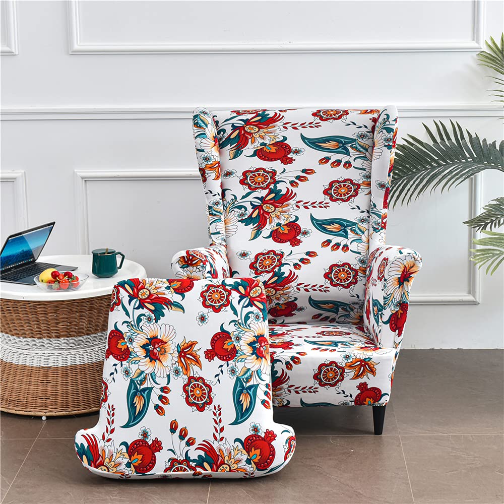 WJHDWYD 2 Pieces Stretch Wingback Chair Slipcover, 1 Seater Sofa Cover with Cushion Cover, Washable Removable for Bar Living Room Bedroom Reception(Fiore Di Paisley)