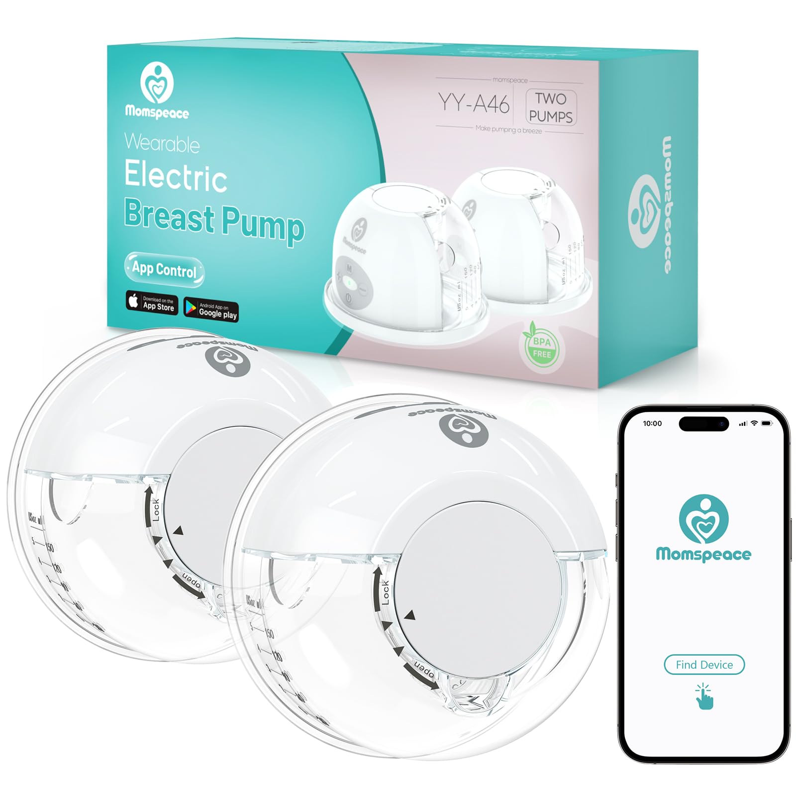 Breast Pump, Momspeace Breast Pump Hands Free with APP, Double Wearable Breastfeeding Pump, Portable Electric Breast Pump with 2 Mode & 12 Levels, Memory Function, Low Noise & Painless-24mm, 2 Pack