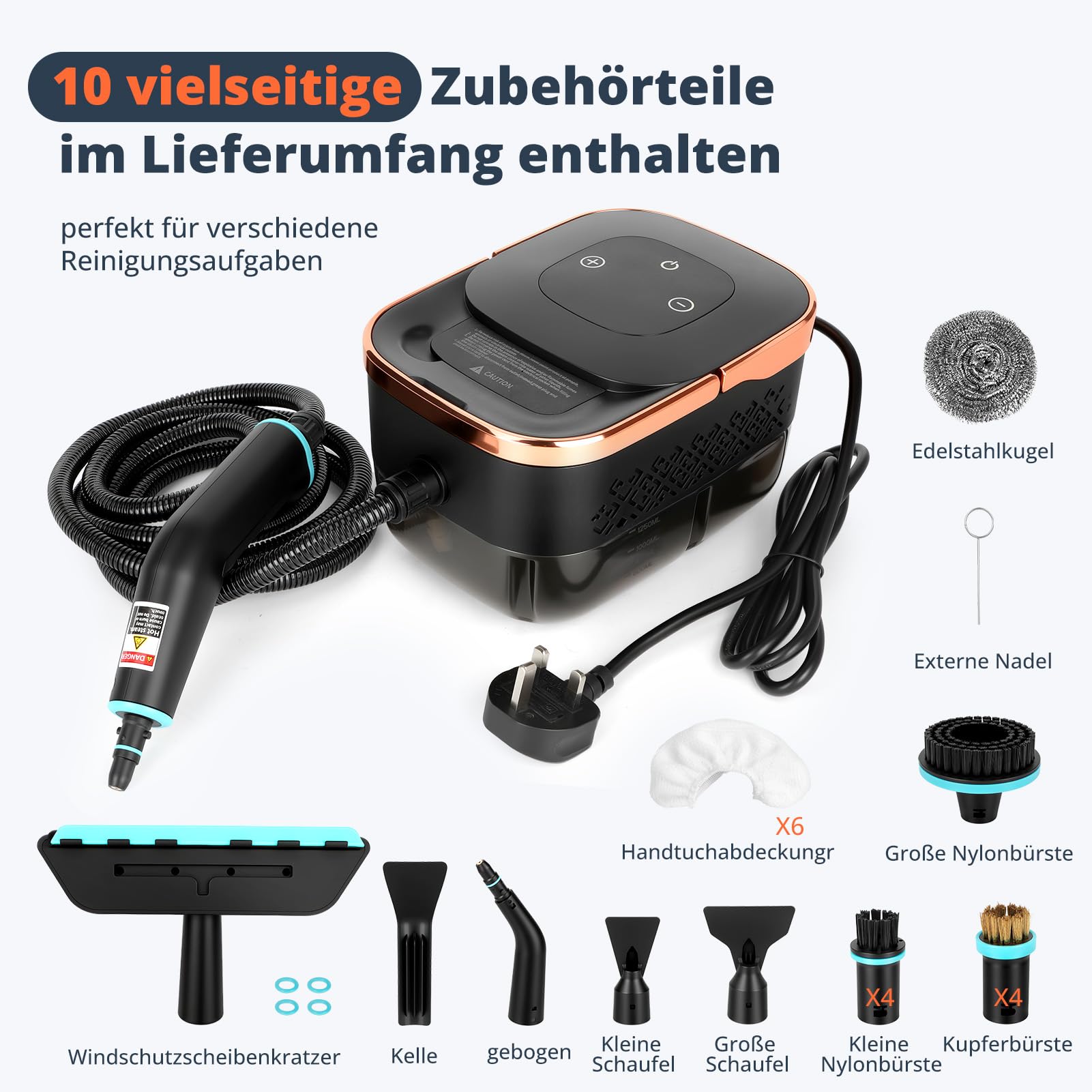 2500W Handdampfreiniger mit 4 Bar Druck – 15 Sek. Aufheizzeit, 105°C Dampftemperatur, 1250ml Wassertank, 6-stufig regelbar, inkl. 23 Aufsätzen für Küche, Bad, Auto & Fliesen