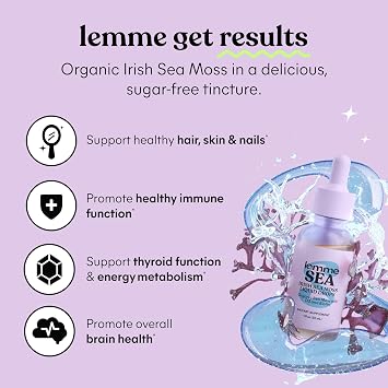 Lemme Irish Sea Moss Organic Liquid Drops with Vitamin D3 & Biotin, Thyroid, Immunity, Hair Skin & Nails & Brain Health Support, Trace Minerals, Sugar Free, 1 oz, 30-Day Supply