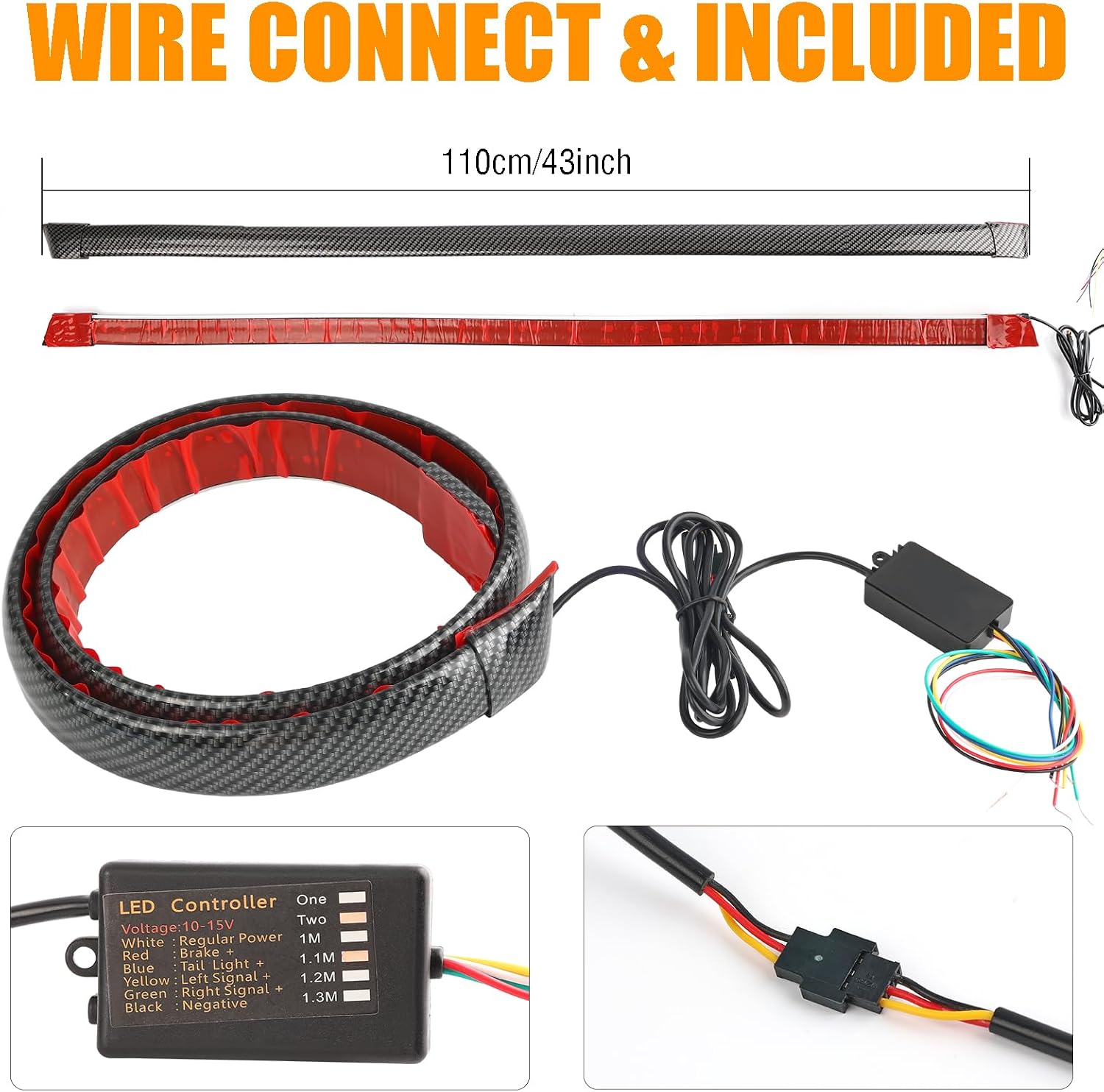 AUTOXBERT LED Brake Light Strip, 43inch Universal Red & Amber Sequential Car Third Brake Light Strip, DC 12V Waterproof High Mount Stop Brake Light for Vehicles Trucks Cars