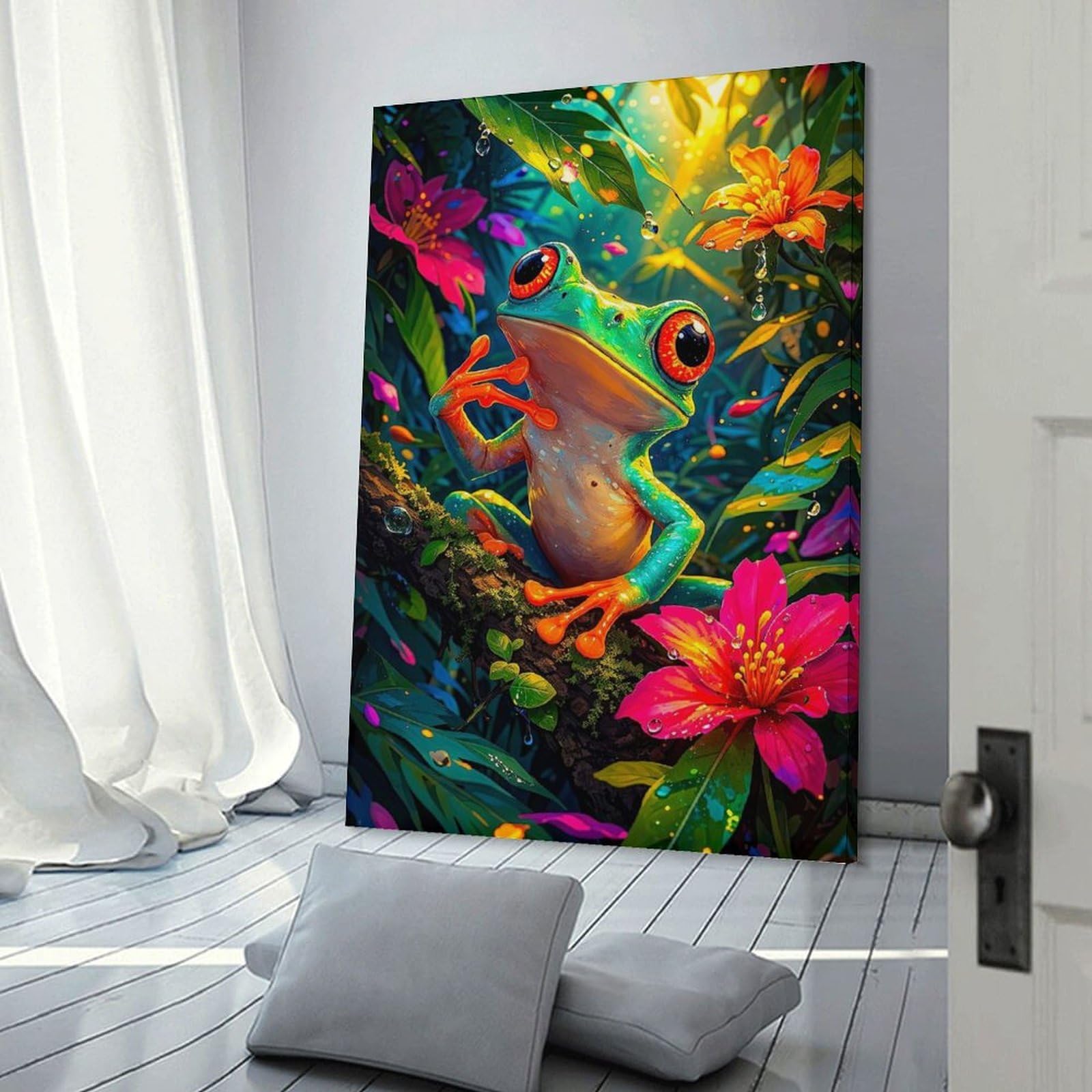 Junmoney Vibrant Red-Eyed Tree Frog in Rainforest Canvas Art Print 20x30inch(50x75cm), for Front Hall, Corridor Or Welcome Spaces, Home Artwork for First Impressions