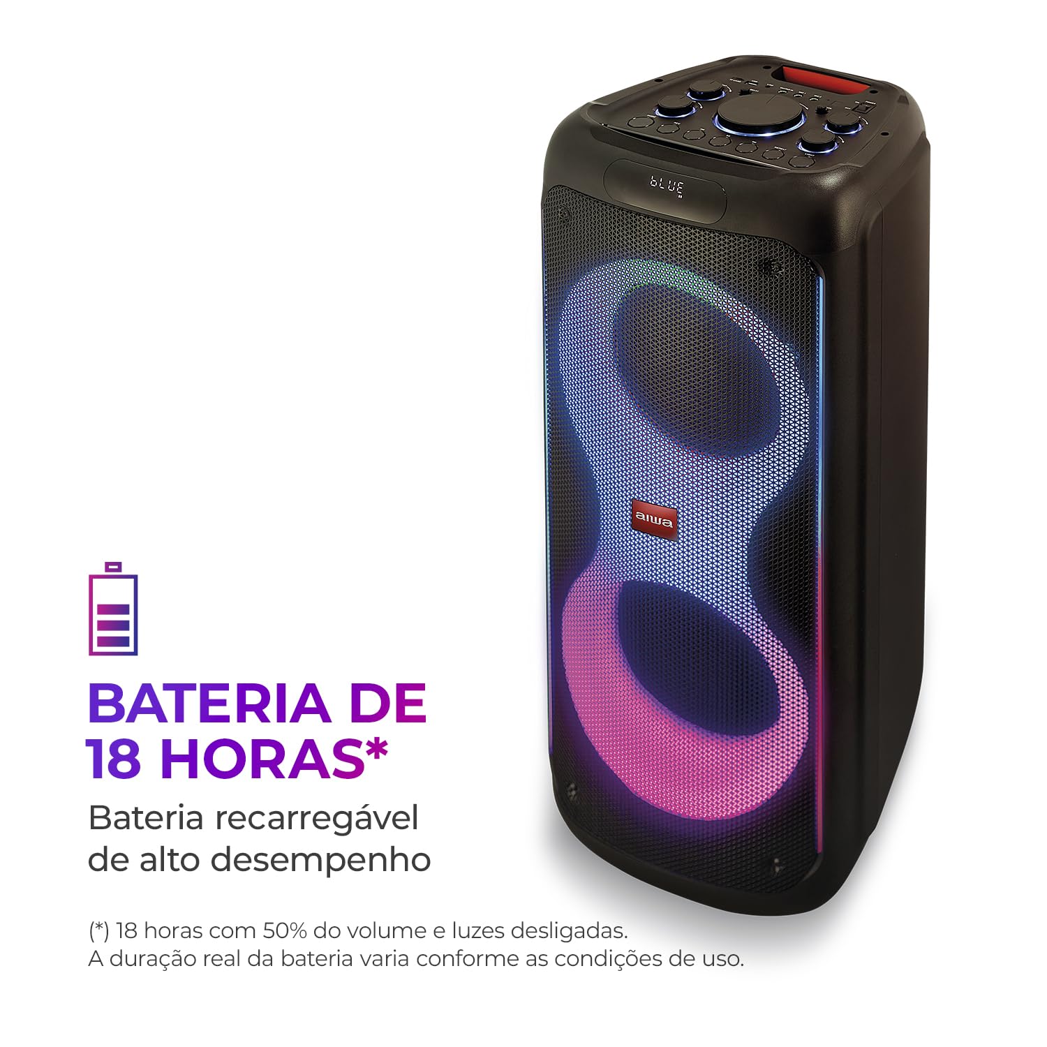 Graphic indicating 18 hours of battery life for the Aiwa Party Box