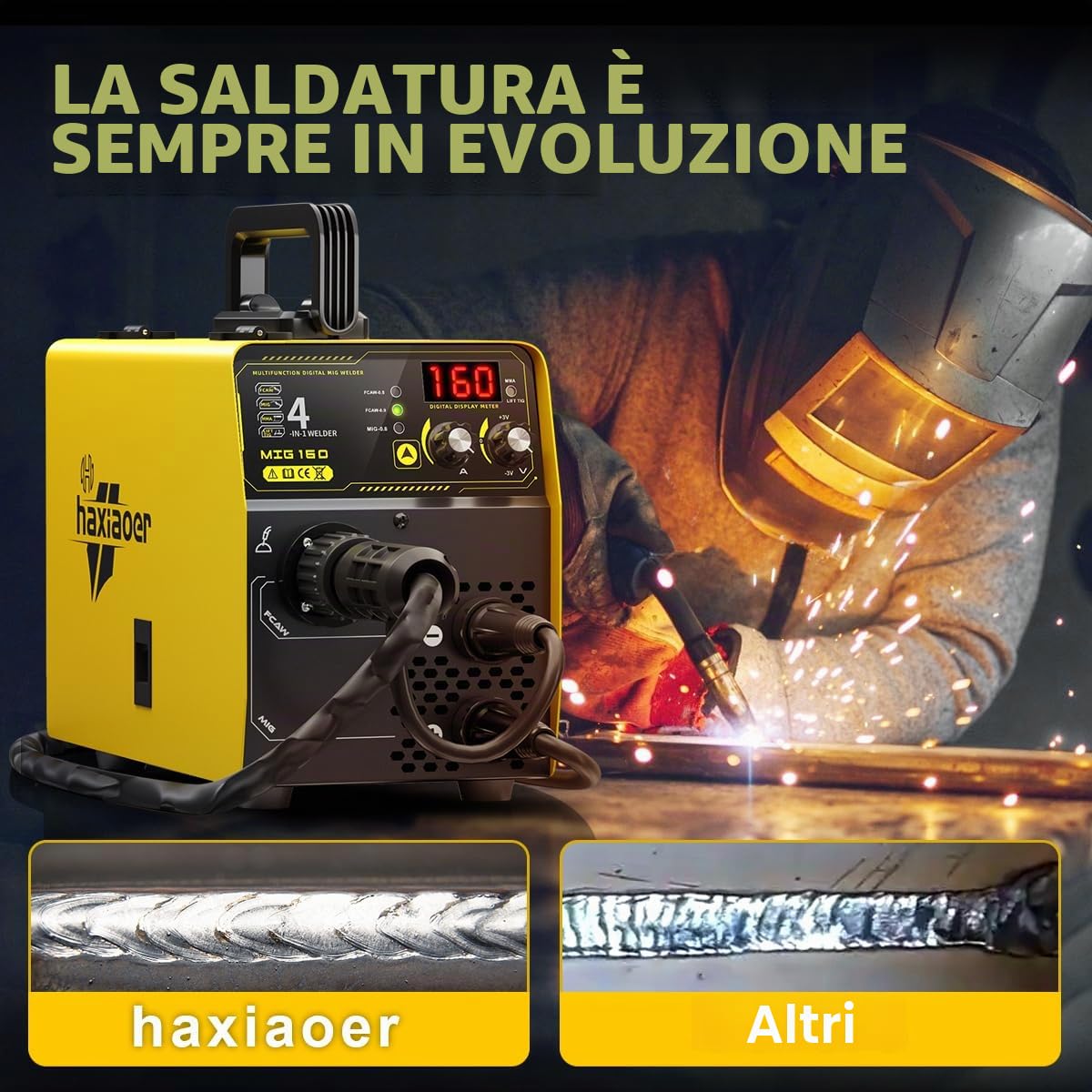 haxiaoer 160A Saldatrice MIG 4 in 1 Semi-Automatico Sinergia Gas MIG/Gasless MIG/ARC/Lift TIG Saldatrice a Filo No Gas con fili Flux Core Solid Core, Giallo