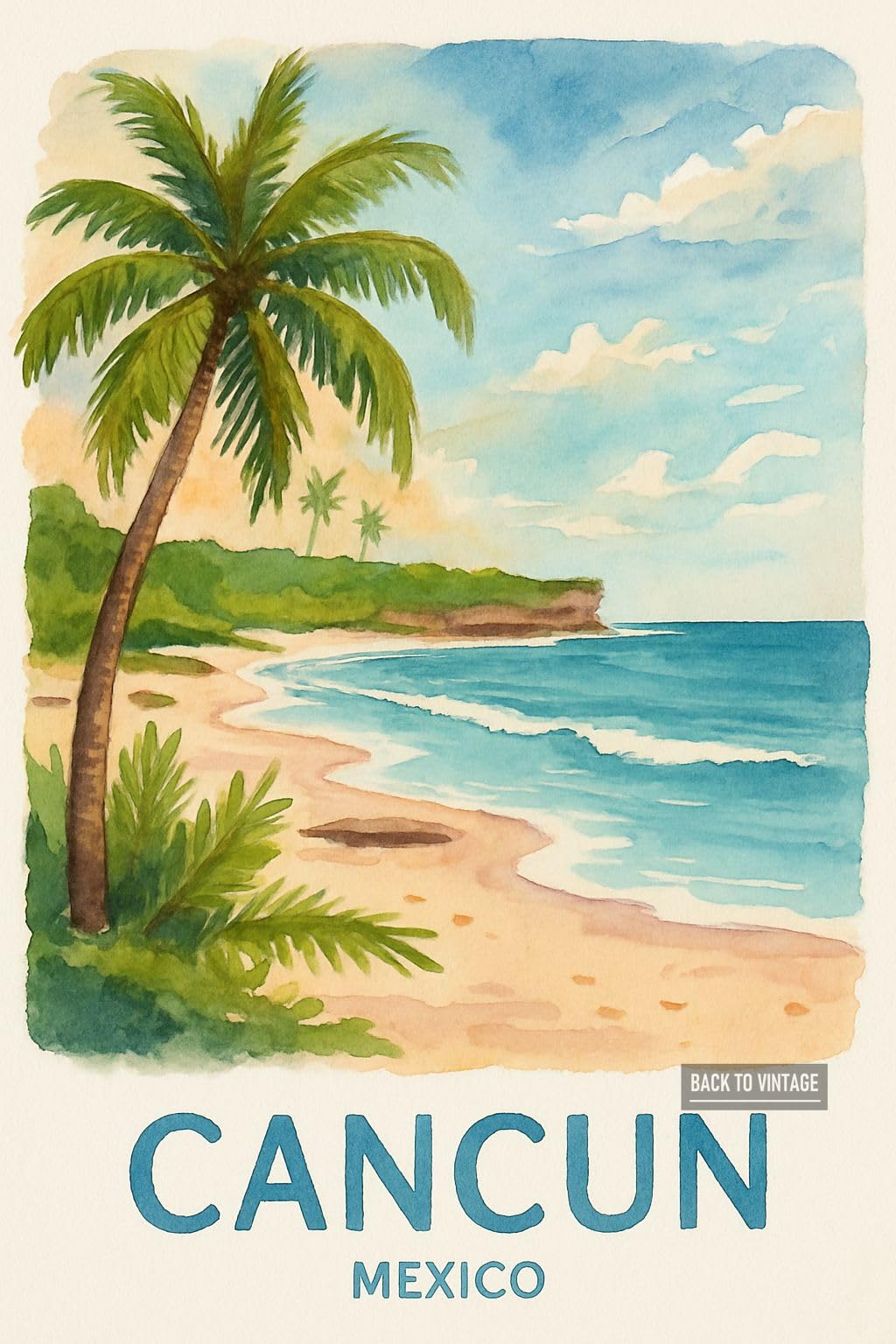 Back To Vintage Multicoloured Serene Cancun Beach Scene - A4 Travel City Poster Wall Art Home Decor Art Print With Iconic Landmarks And Global Views For Culture Inspired
