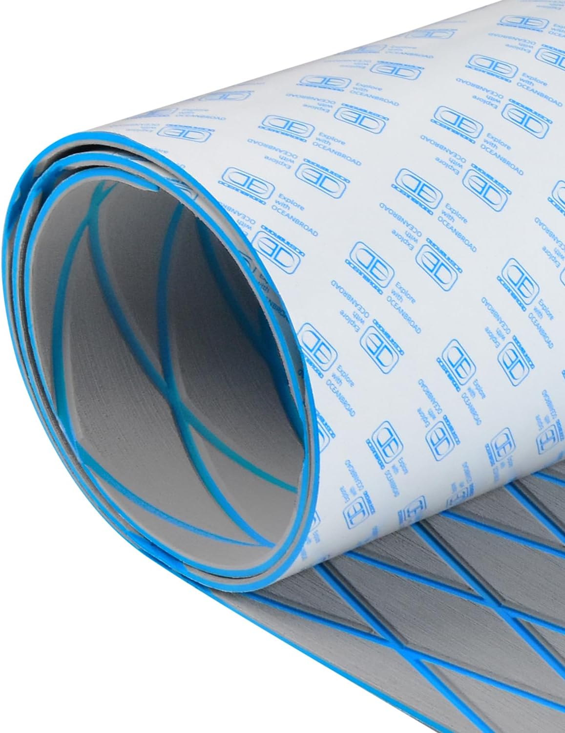 OCEANBROAD Self-Adhesive 96''x28'' Diamond Pattern Boat Flooring EVA Foam Marine Boat Decking Sheet Non-Slip Mat for Jon Motor Boats Yacht Helm Pad RV Floor, Gray with Blue Seam Lines